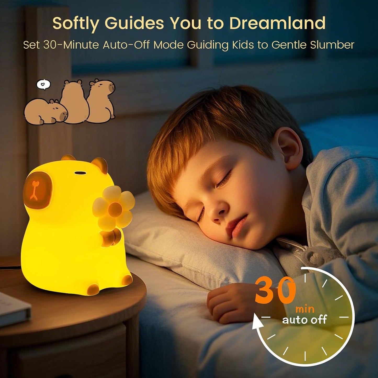 Capybara Night Light, 7-Color RGB, 3-Level Dimmable, Rechargeable | Cute Silicone Capybara Night Light, 7-Color RGB, 3-Level Dimmable, Touch Lamp, Rechargeable, 30-Min Timer, Gift for Kids