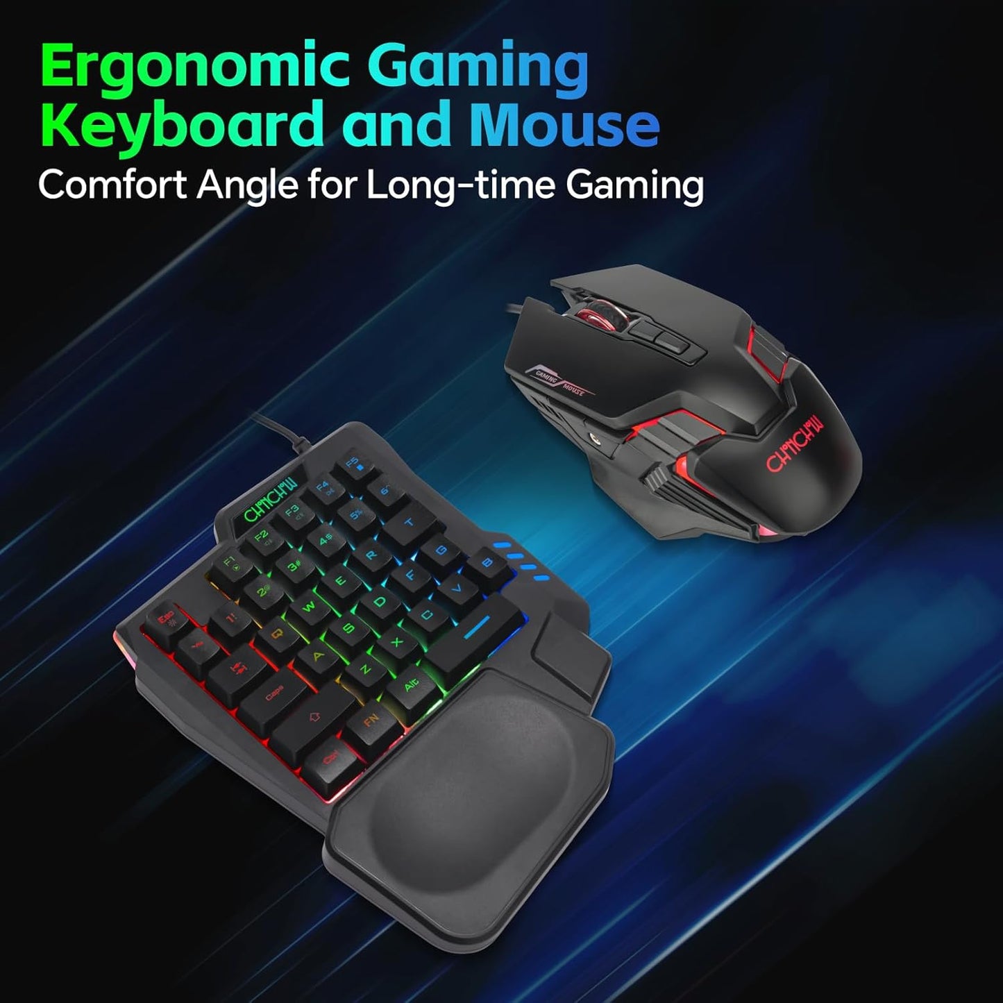 One Handed Gaming Keyboard and Mouse Combo for LOL/Wow/fortnite/Dota/PUBG | Half Mini RGB Keyboard, 35 Keys, Ergo Wrist Rest, LED 7200DPI CPI Customize Gaming Mouse, with USB Spilitter, Small Wired Set