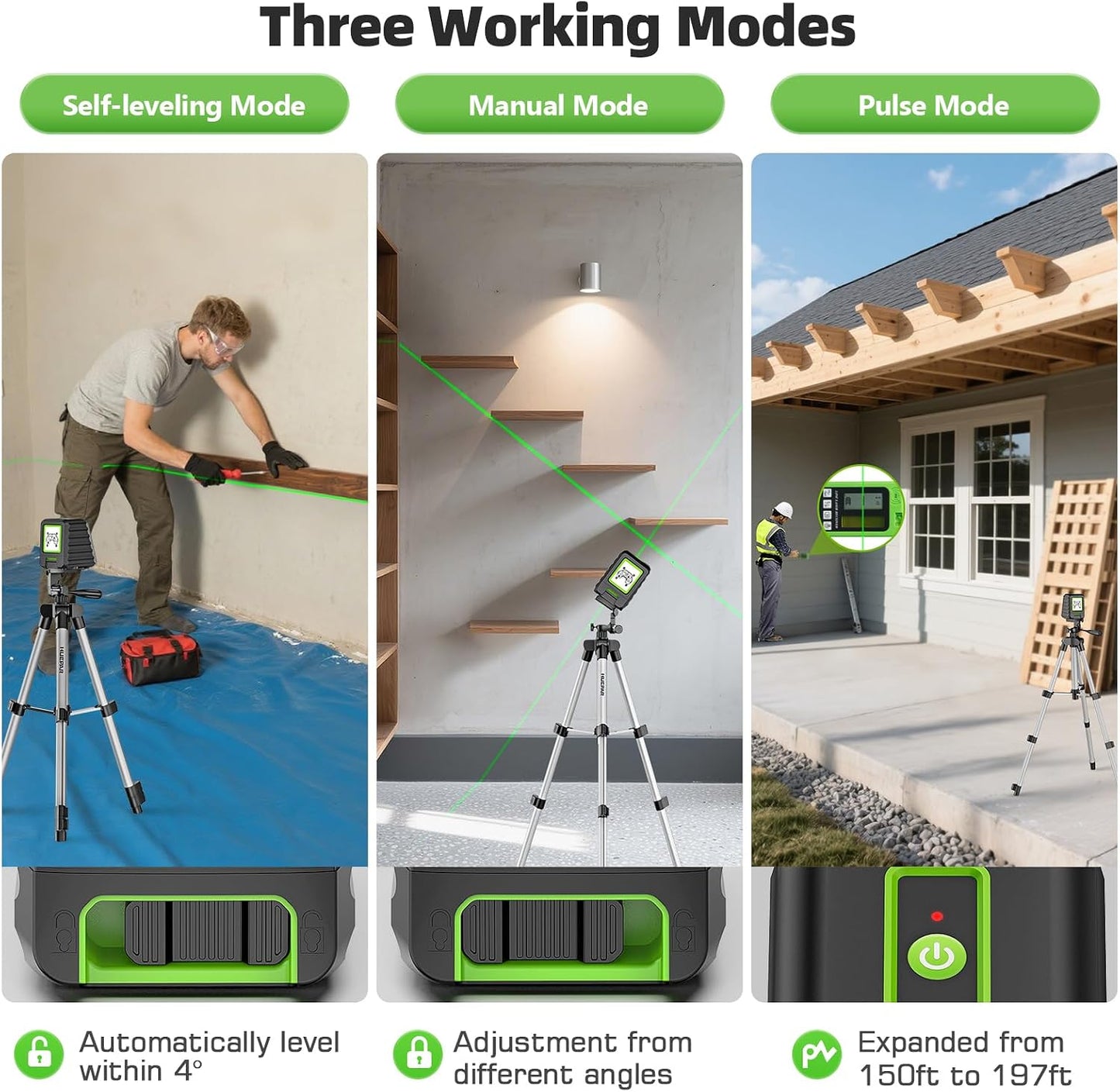 Laser Level with 40in Tripod, Huepar 150°/150Ft Self Leveling Lazer Leveler Tool with Pulse Mode (197Ft), Switchable Green Cross Line for Picture Hanging, Tile, DIY/Construction Project
