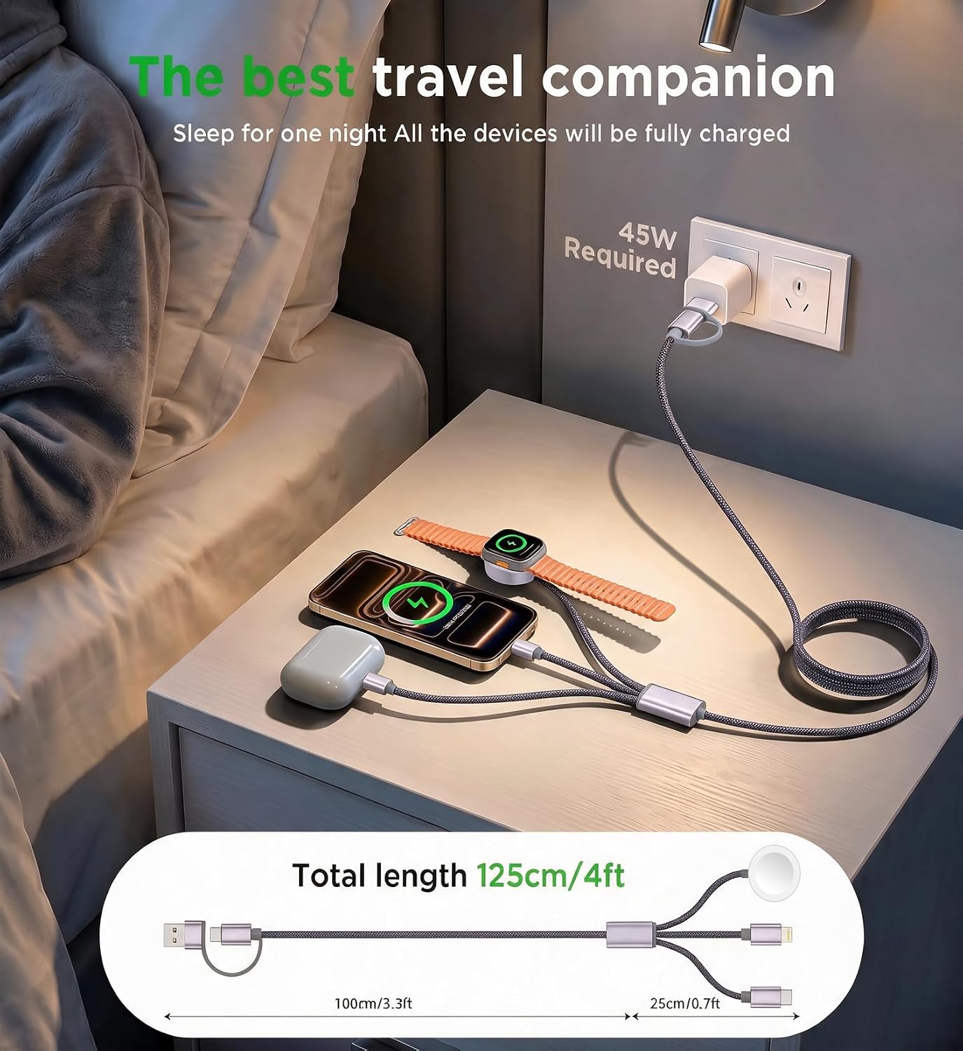 2Pack Travel Essentials for Apple Watch Charger,3-in-2 Multi Charging Cable | Cruise Vacation Camping Essentials for iPhone Charger,Type C/Lightning for iWatch,iPhone 17-12,Xbox Series X&S-4FT Gray