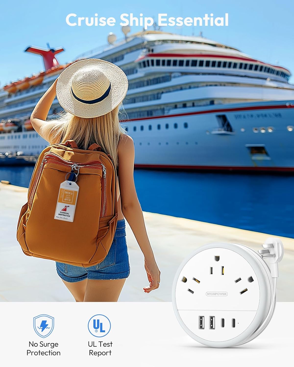 NTONPOWER Travel Power Strip, Travel Essentials, Cruise Essentials 2026 | Cruise Approved Power Strip, 3 Outlets 4 USB Ports(2 USB C), 4FT Wrapped Around Cord, Beach Vacation Essentials, Travel Gift