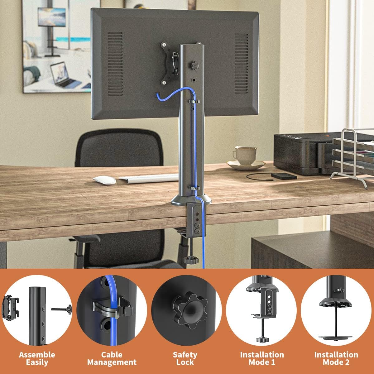 HEMUDU Single Desk Monitor Arm Mount Stand Fit for 13 inch to 32 inch Flat Curved Computer Screen with Swivel, Height Adjustable, Rotation,Holds up to 77lbs, Black
