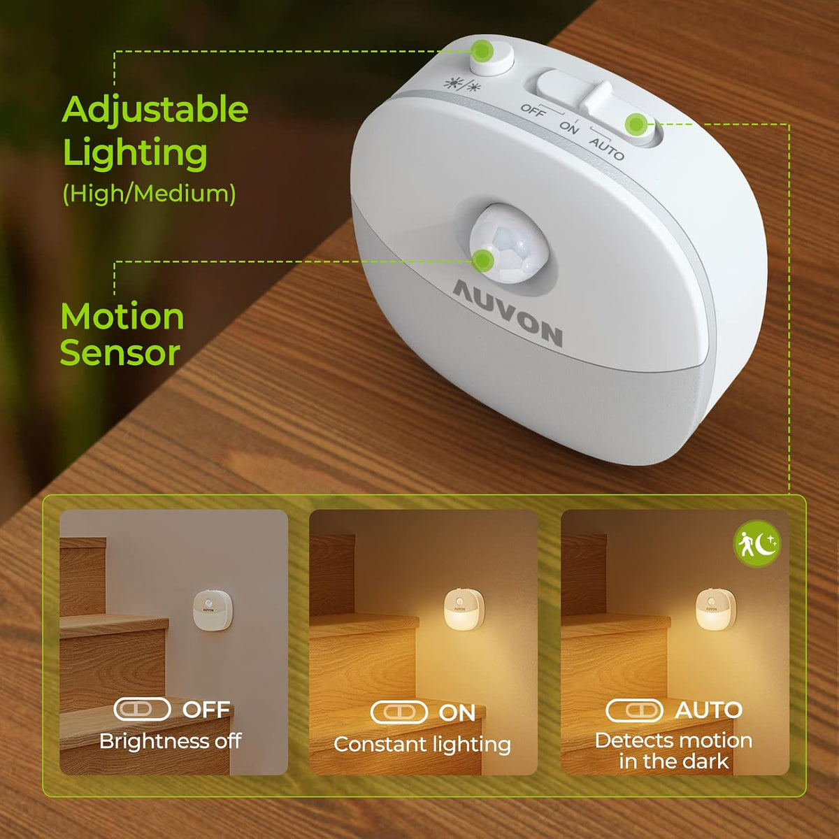 AUVON Magnetic Rechargeable Night Light, Motion & Dusk-Dawn Sensor, 2 Packs