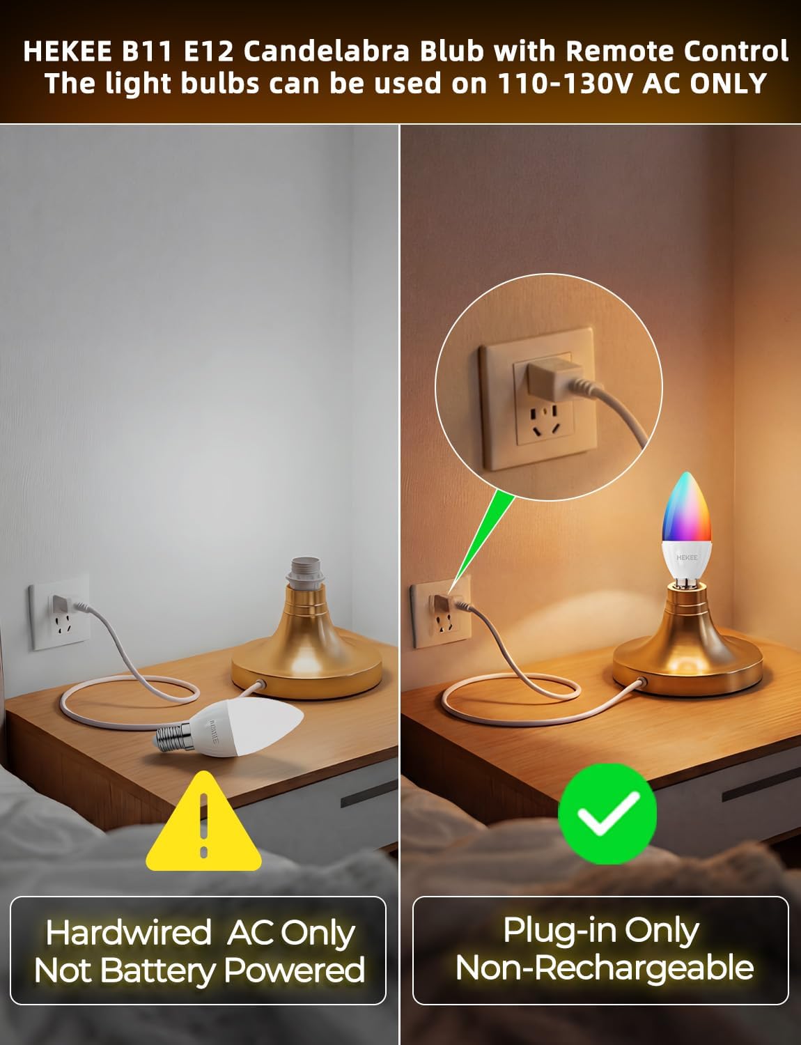 HEKEE E12 Candelabra Light Bulbs, 120V Color Changing Bulb with Remote, Plug-in Only, E12 Base, 12 RGB+2700K Warm White, 40W Equiv (5W), 450LM, Timer, 2 Modes, for Chandelier/Ceiling Fan, 4 Pack