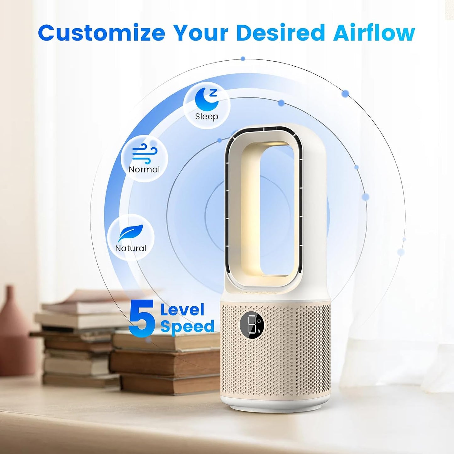 Misby Desk Fans Small Quiet, 13 Inch Bladeless Table Fan, 5 Speeds, 70° Oscillating Fan with Night Light and Timer, Desktop Cooling Fan for Bedroom, Office, Nightstand