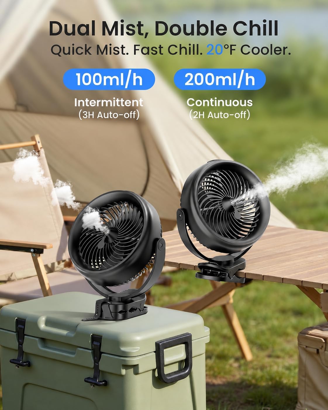 Koonie 8'' 10000mAh Battery Operated Misting Fan with Max. 48 Hrs Runtime | Portable Mist Desk Fan with Clip, 3 Speeds, 2 Spray Modes, 200ML Tank for Golf Cart Home Office Travel Camping Stroller