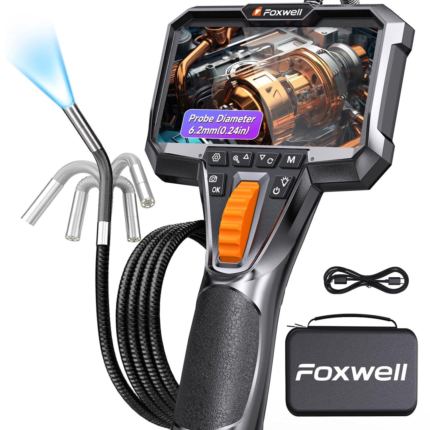 FOXWELL 2-Way 220° Articulating Borescope Camera with Light, 1080P FHD | 0.24in Ultra-Slim Inspection Camera, Industrial Endoscope, IP67 Waterproof, 6 LED, 32GB, for Automotive, Plumbing, HVAC,5.3FT