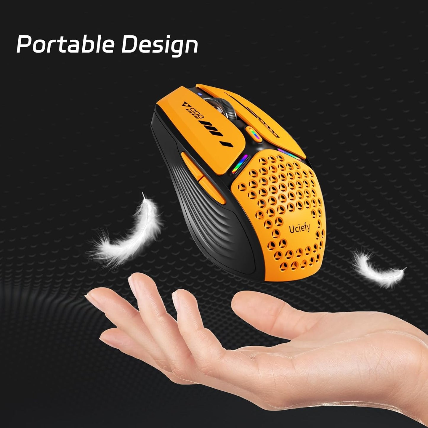 Uciefy Bluetooth Wireless Mouse, USB C Rechargeable Mice for Laptop-Orange | Tri-Mode BT5.0/5.1+2.4GHz, LED, Battery Level Visible, Honeycomb Magnetic Shell Cover, Portable, USB Receiver,Type C Adapter