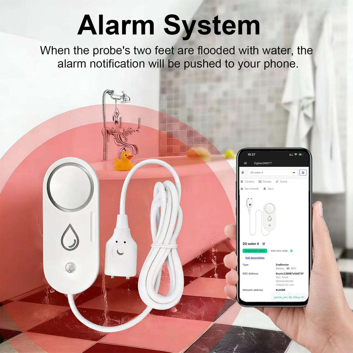 Haozee Zigbee Water Detector with 110 dB Siren Alarm, Wireless Water Sensor | Flood Warning Alarm for Kitchen and Bathroom – Supports Home Assistant & Zigbee2mqtt