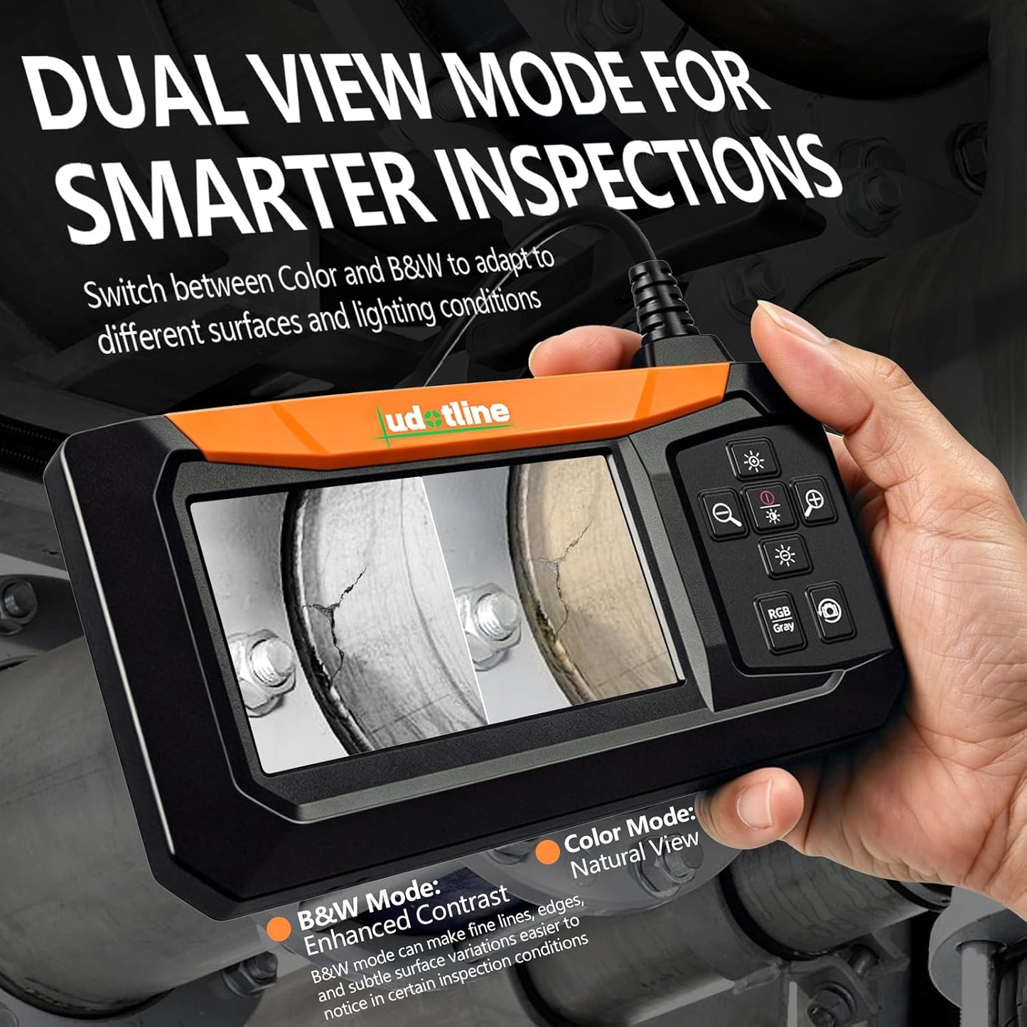 Inspection Camera with Screen, 8 LED Borescope Camera, IP67 Waterproof | Color & B&W Dual View, 2600mAh Rechargeable, Type-C Charging, 1M/5M Flexible Cable for Auto, Pipe & Wall Inspection
