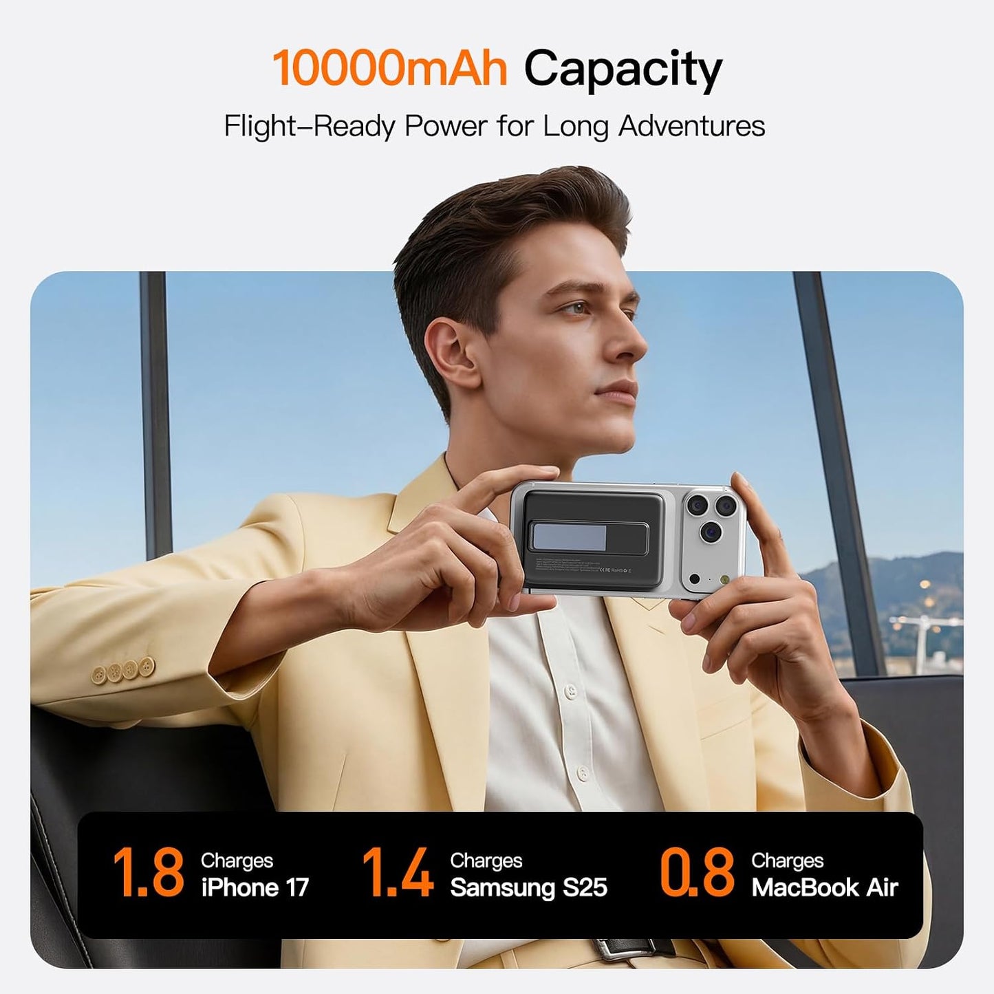 No More Forget Cables! 10000mAh Ultra Slim Magnetic Power Bank, Built-in USB-C & iPhone Cable, 20W Portable Charger with Foldable Stand, for iPhone 17/16/15/14/13/12 Series