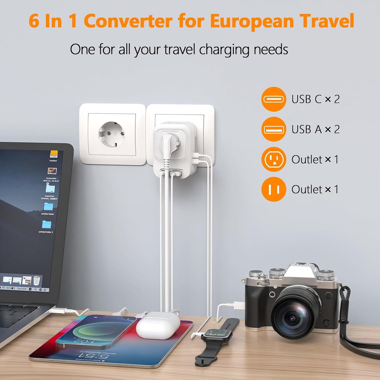 220V to 110V Voltage Converter US to Europe with 2 USB A 2 USB C Fast Charging, Power Converter for European Travel Universal International Travel Adapter for Italy Germany France Spain