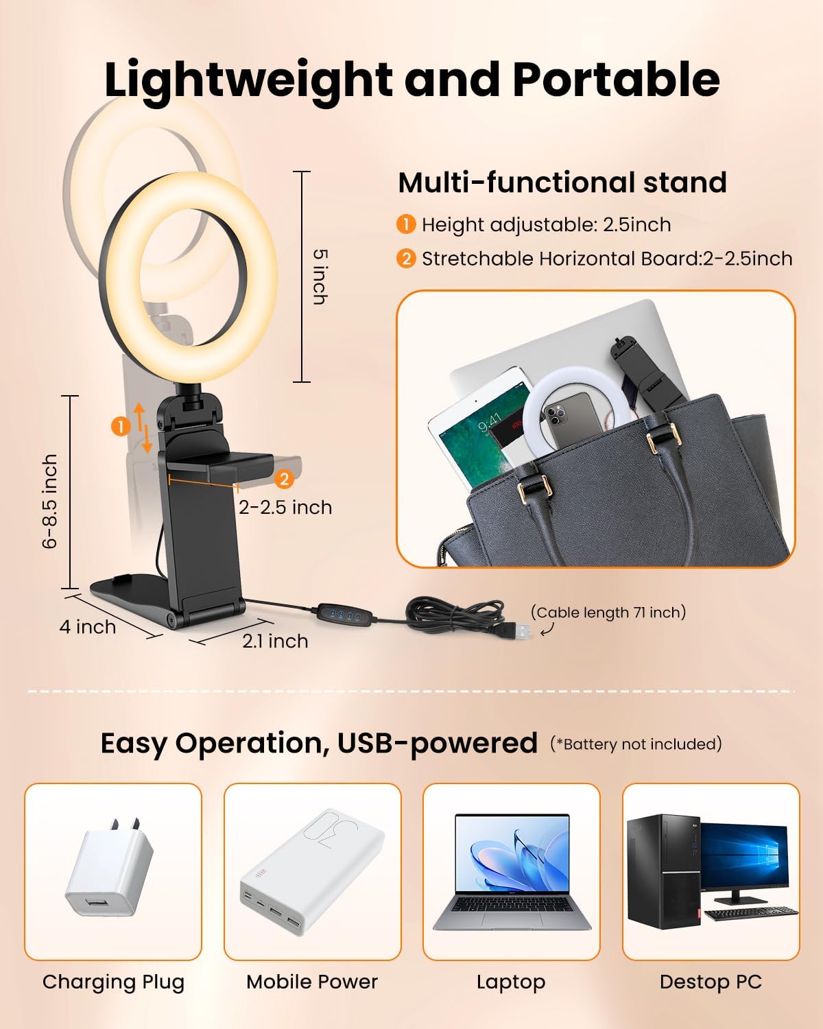 Evershop Ring Light for Laptop Desk Clip On,Small Computer Video Conference Lighting with Stand for Phone/Webcam/Monitor,5" Portable Mini LED Selfie Light Desktop for Zoom Meeting/Video Call/Recording