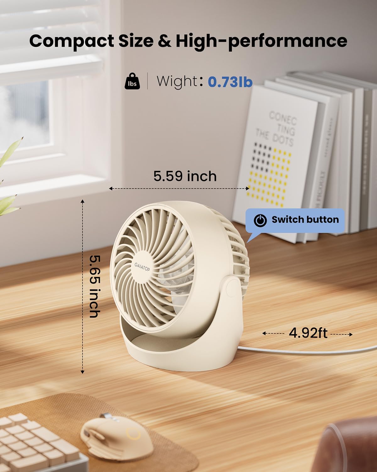 Gaiatop Desk Fan, 5-Inch Portable Electric Table Desktop Air Circulator Fan | Powerful with 3 Speed 360° Adjustable Tilt Compact Design For Cooling Home Room Bedroom Bathroom Kitchen Office
