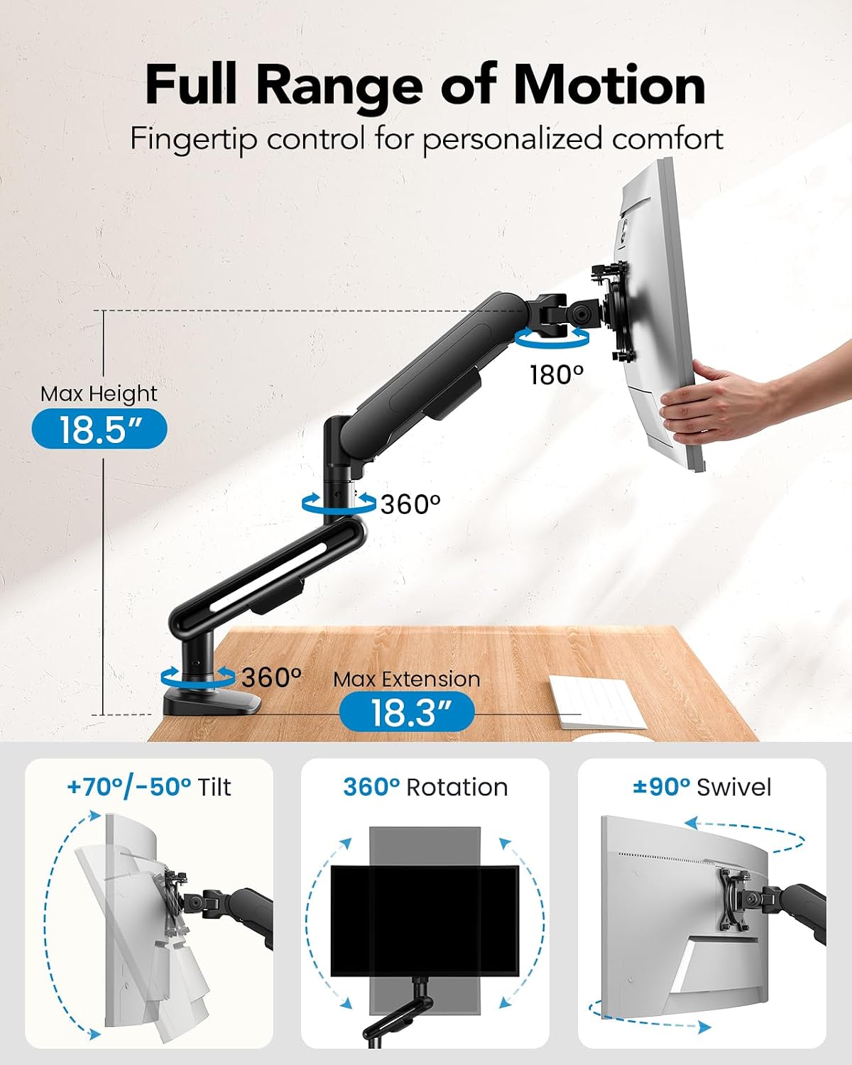 HUANUO Ultrawide Monitor Arm for 13 – 40" Screens, Single Monitor Mount Holds up to 26.4lbs, Adjustable Monitor Stand with C-Clamp & Grommet Base, VESA Mount 75x75mm/100x100mm