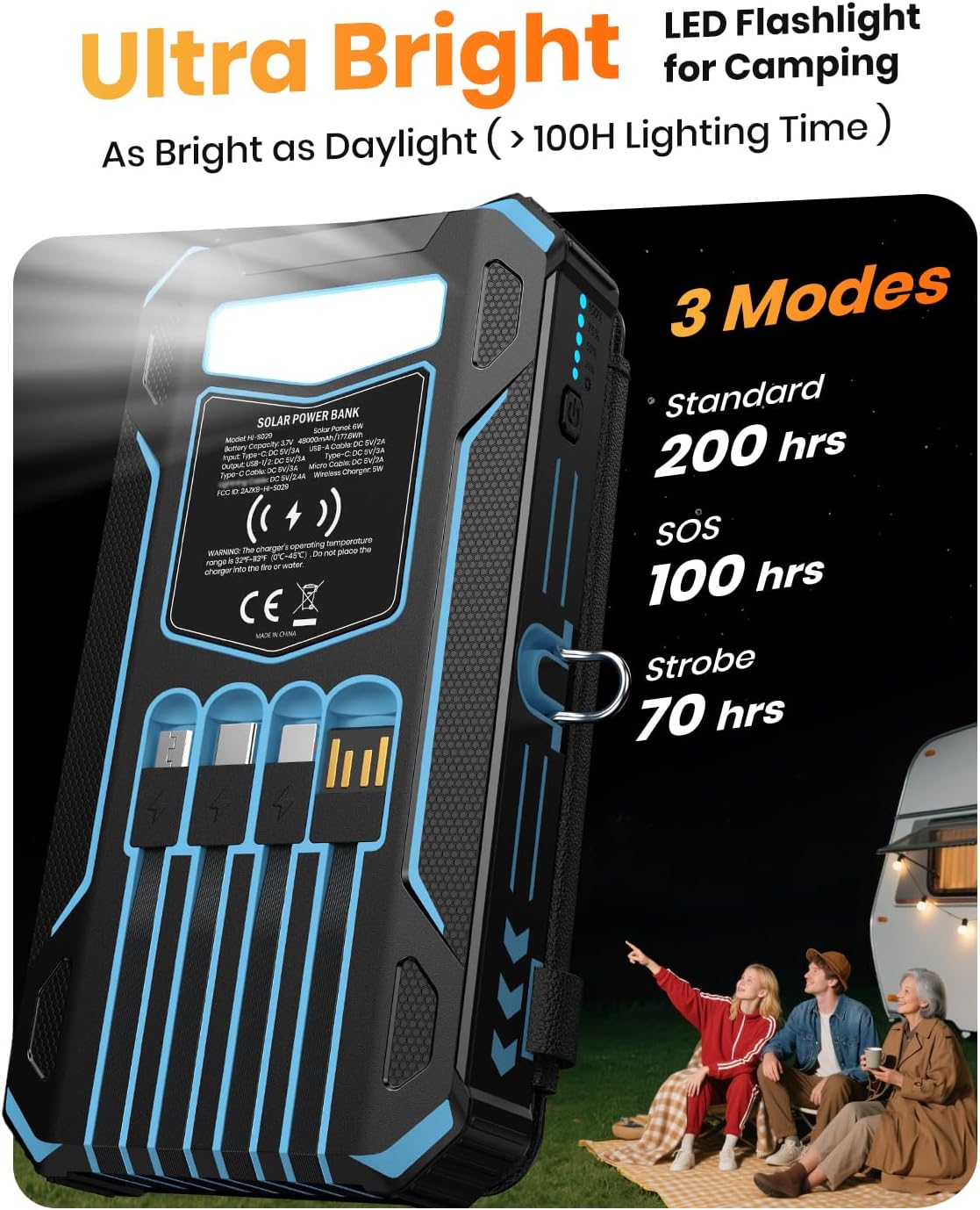 SOARAISE Solar Power Bank 48000mAh Wireless Battery Pack with 4 Cables | Solar Charger with 4 Solar Panels, Built in 4 Cables, PD QC 3.0 Fast Charging, Flashlight for Camping Travel, Rugged Design