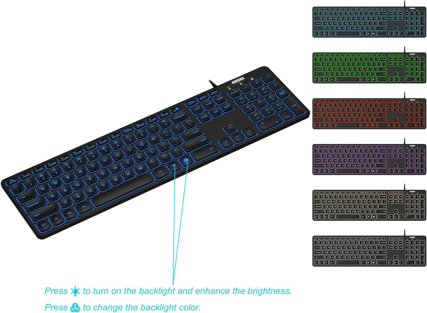 Arteck Backlit USB Wired Full Size Keyboard with Media Hotkey for PC and Laptop