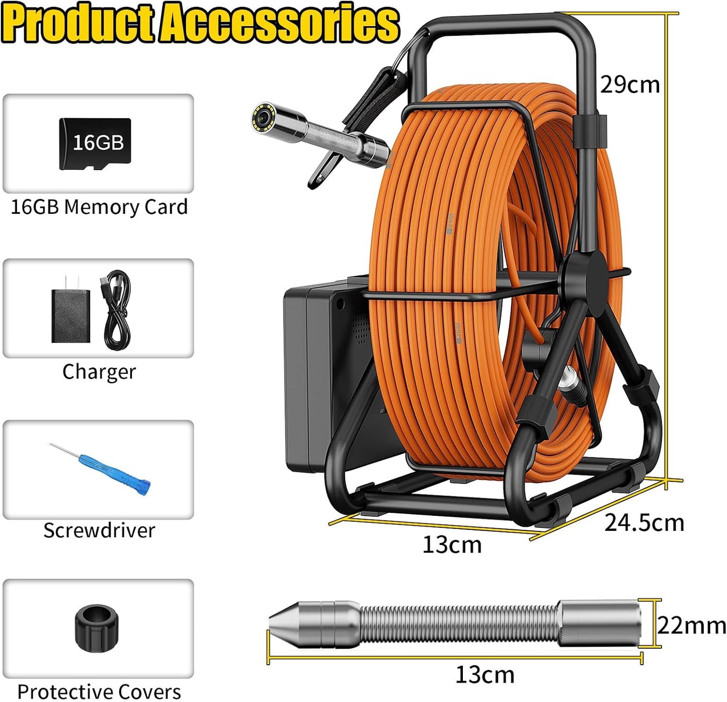 Sewer Camera 100FT/30M Borescopes Plumbing Snake Pipe Inspection Camera 22mm with 8500Mah Battery 4.3" IPS Screen 12 LEDs HD 1000TVL (22MM NO DVR Function)