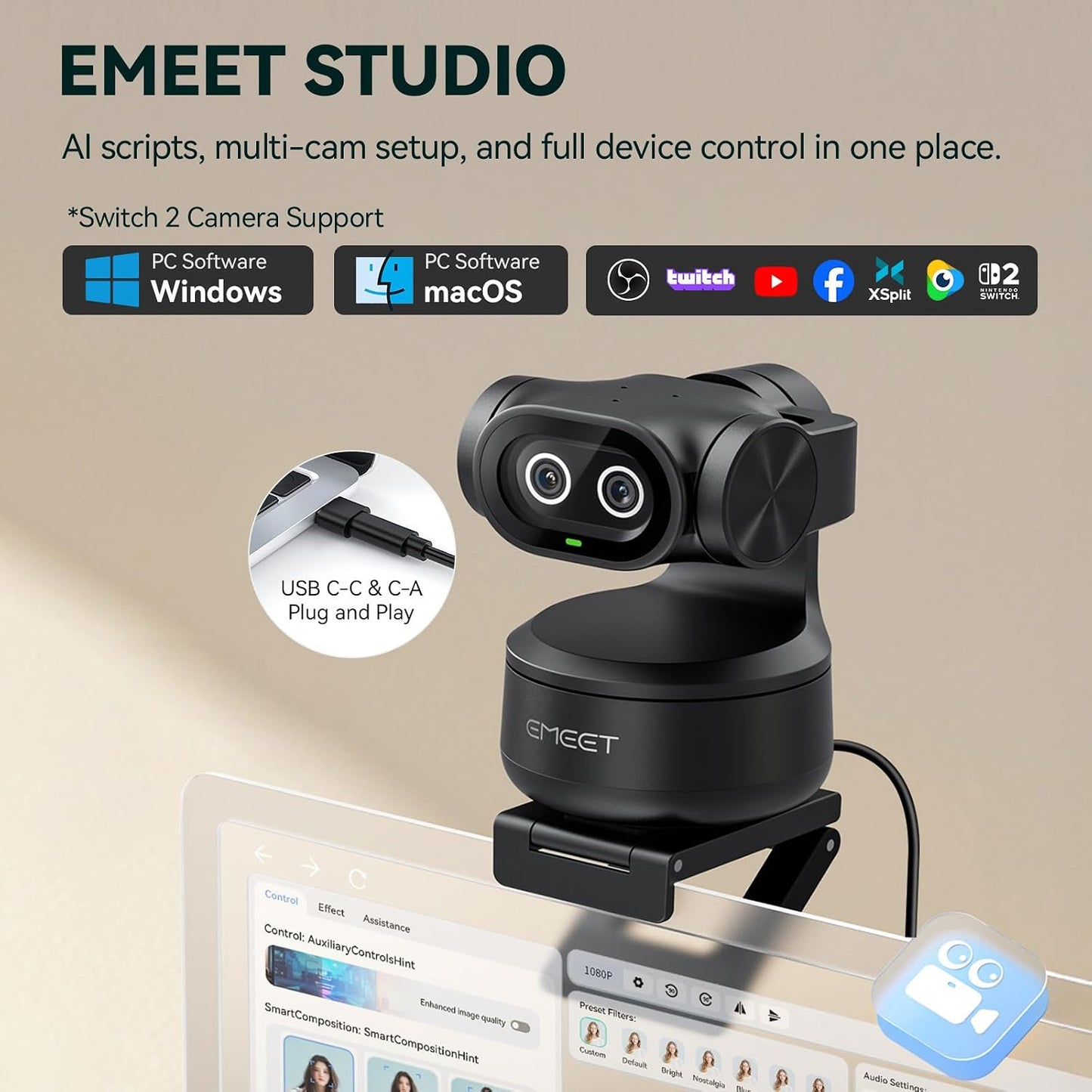 EMEET PIXY Dual-Camera AI-Powered PTZ Camera 4K, AI Tracking | PDAF&AI Autofocus 0.2s, 1/2.55'' Sony Sensor, 3 Mics, Presets, 4K Webcam for Streaming and OBS/Twitch/Switch 2 Compatible
