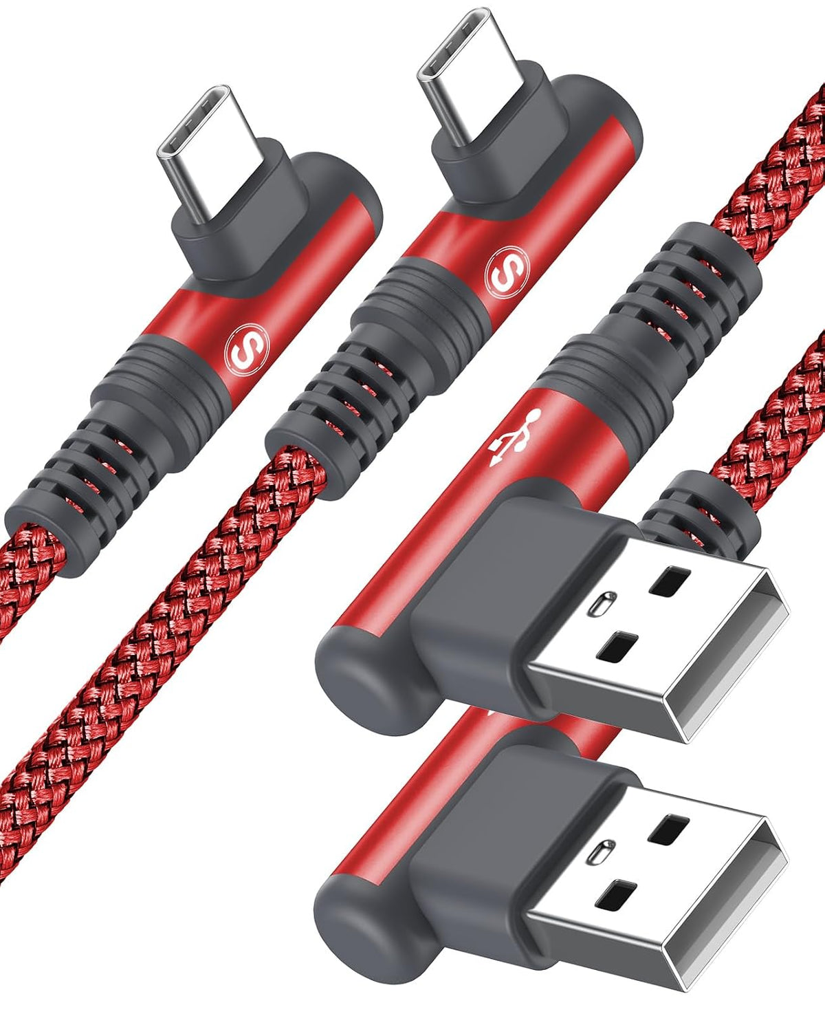 USB to USB C Cable 3.1A Fast Charge Right Angle CarPlay 6.6ft 2-Pack Red