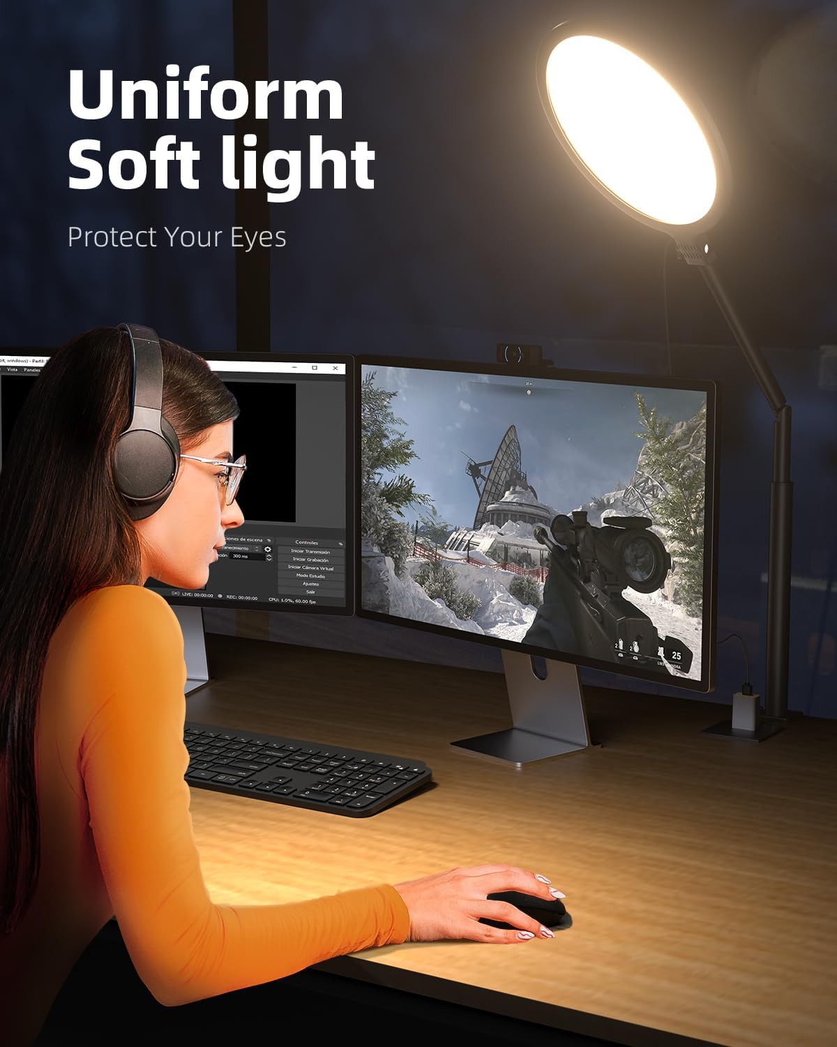 10.2" Desk Ring Light with Stand, 360° Rotate Desk Lamps for Home Office with C-Clamp, Flexible Height Desk Light, Adjust Arm Ring Light for Desk, Podcast, Gaming, Recording, Zoom Lighting
