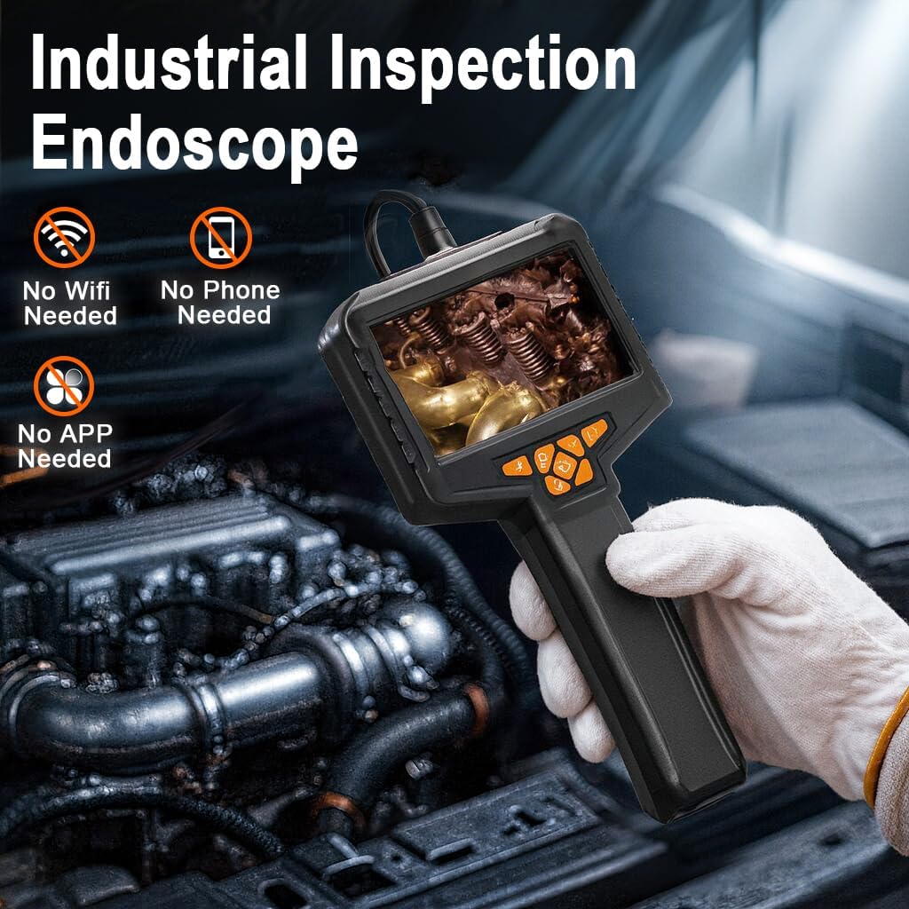 Inspection Endoscope, Industrial Borescope Camera with 4.3" IPS Screen, 1920P HD Snake Camera with 8 LED Lights, 16.5FT Semi-Rigid Cord Bore Scope - Cool Gadgets Tool
