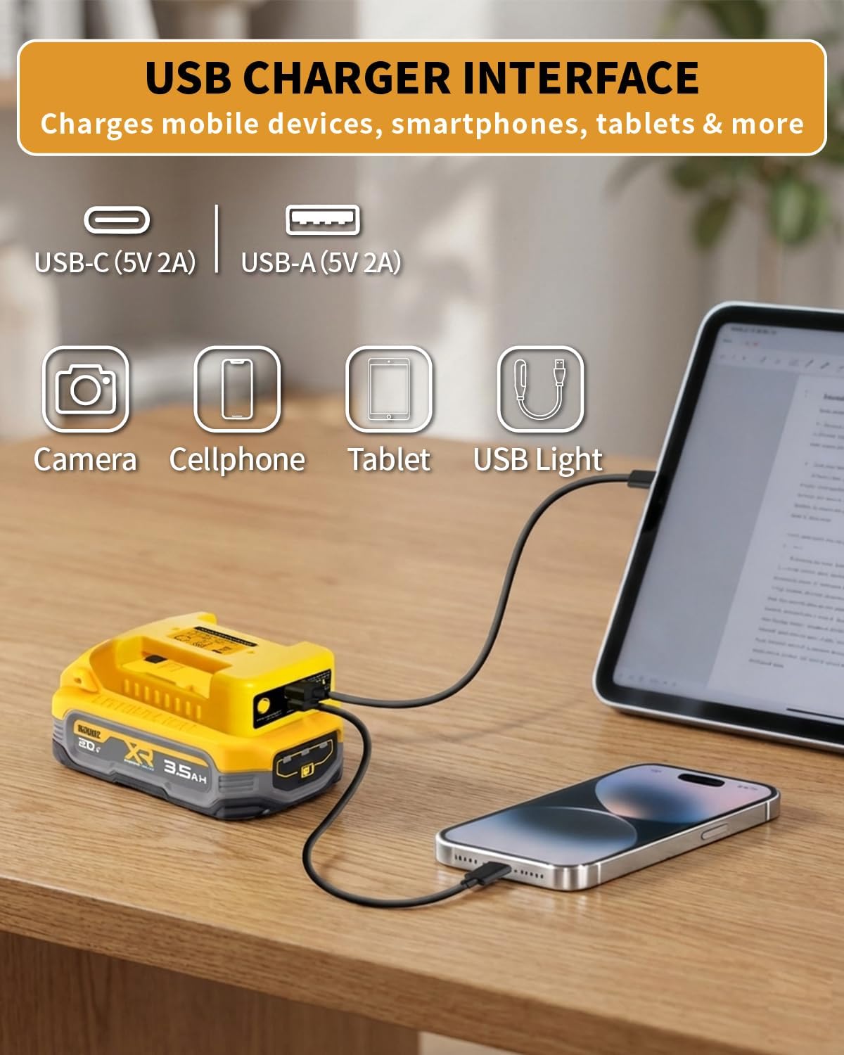2 Pack USB Battery Adapter Compatible for Dewalt 20V Battery, Battery Converter with USB and Type-C Output Ports for Camping, Travel, Outdoor Indoor Work (Adapter Only)