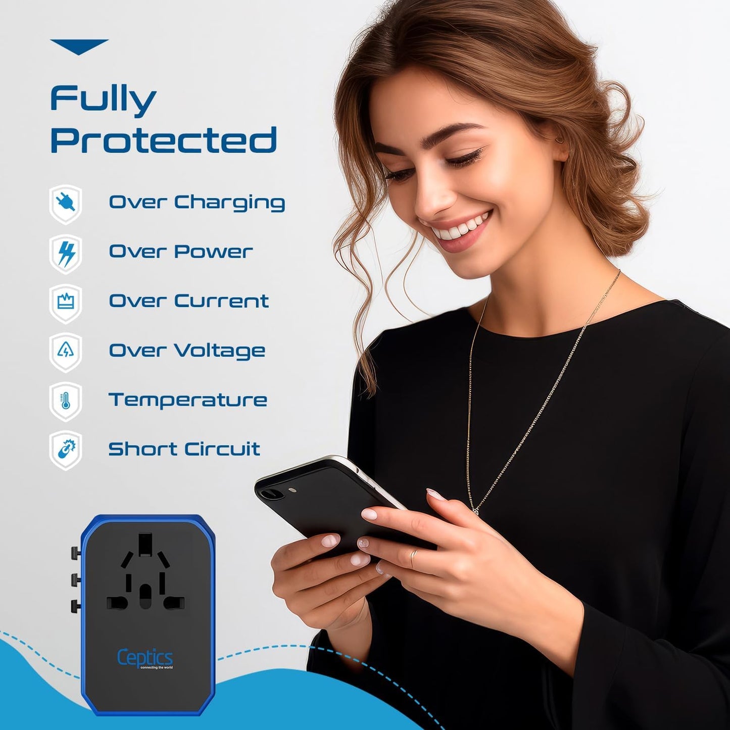 Ceptics 70W World International Travel Plug Adapter - Powerful GaN Tech with Pd & QC 3.0 Dual 3X USB-C Power - 2 USB Ports Wall Charger Type I C G A Outlets 110V 220V A/C - EU Euro US UK (70-KU)