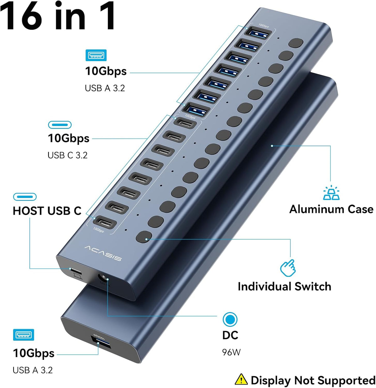 ACASIS 16 Ports Powered USB 3.2 Hub (8 USB-A 3.2 +8 USB-C 3.2), 10Gbps | Individual On/Off Switch for Each Port • Aluminum Housing • Better Heat Dissipation • Plug & Play • 96W Power Adapter