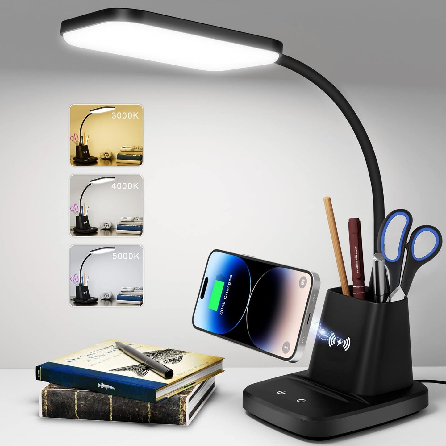 LED Desk Lamp with 10W Wireless Charging & Pen Holder, Black | CRI 95, 800LM, Stepless Dimming, 3 Modes, 360°Flexible Arm, Touch, Study Table Lamp for Home Office, Dorm Room, with Adapter