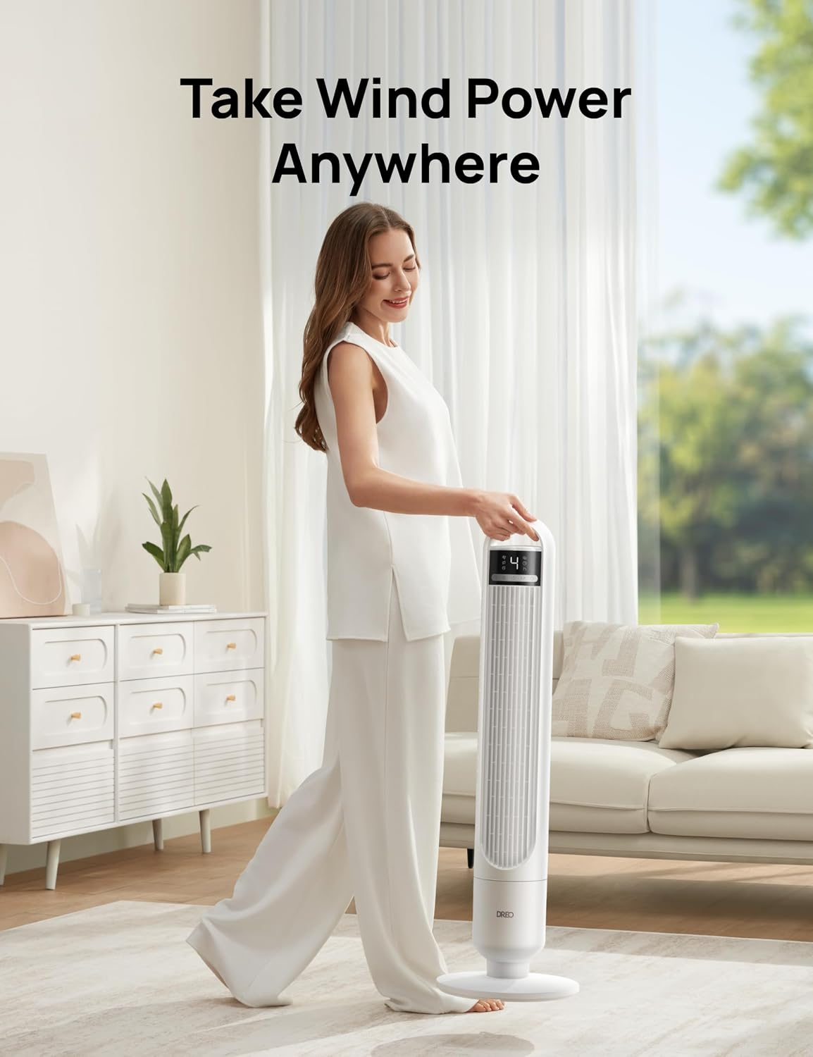 DREO Tower Fan for Bedroom, 26ft/s Velocity, 90° Oscillating, 8H Timer | 4 Speeds, 3 Modes, 28dB Quiet Standing Fan, Floor Fan for Room, Living Room, Office, Home, Cooling Fan with Remote, White