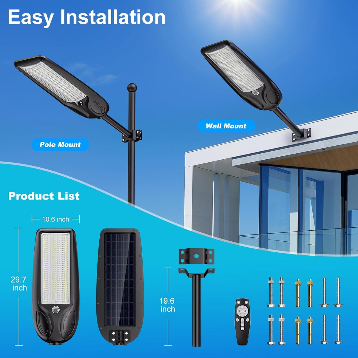Solar Street Lights Outdoor Waterproof, 30000W Commercial Solar Pole Light with Motion Sensor Remote Control, Dusk to Dawn Solar Parking Lot Light for Street, Courtyard,Large Area(Extra Large 1 pack)