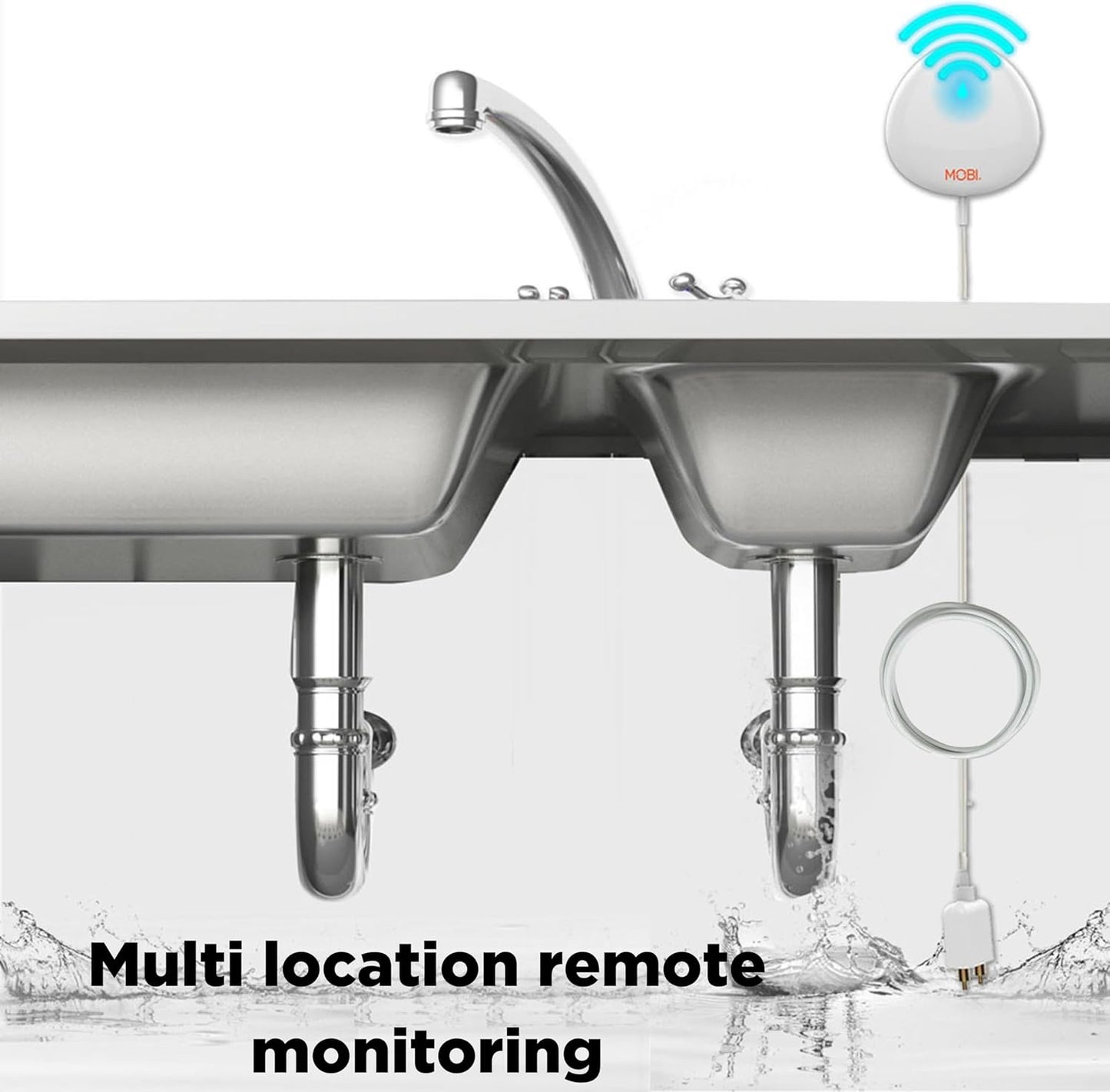 MOBI Smart WiFi Water Leak Detector Sensor (2 Pack), App Alerts, Flood & Leak Alarm, 48” Extension Probe, No Hub Required, 24/7 Monitoring for Basement, Kitchen, Bathroom