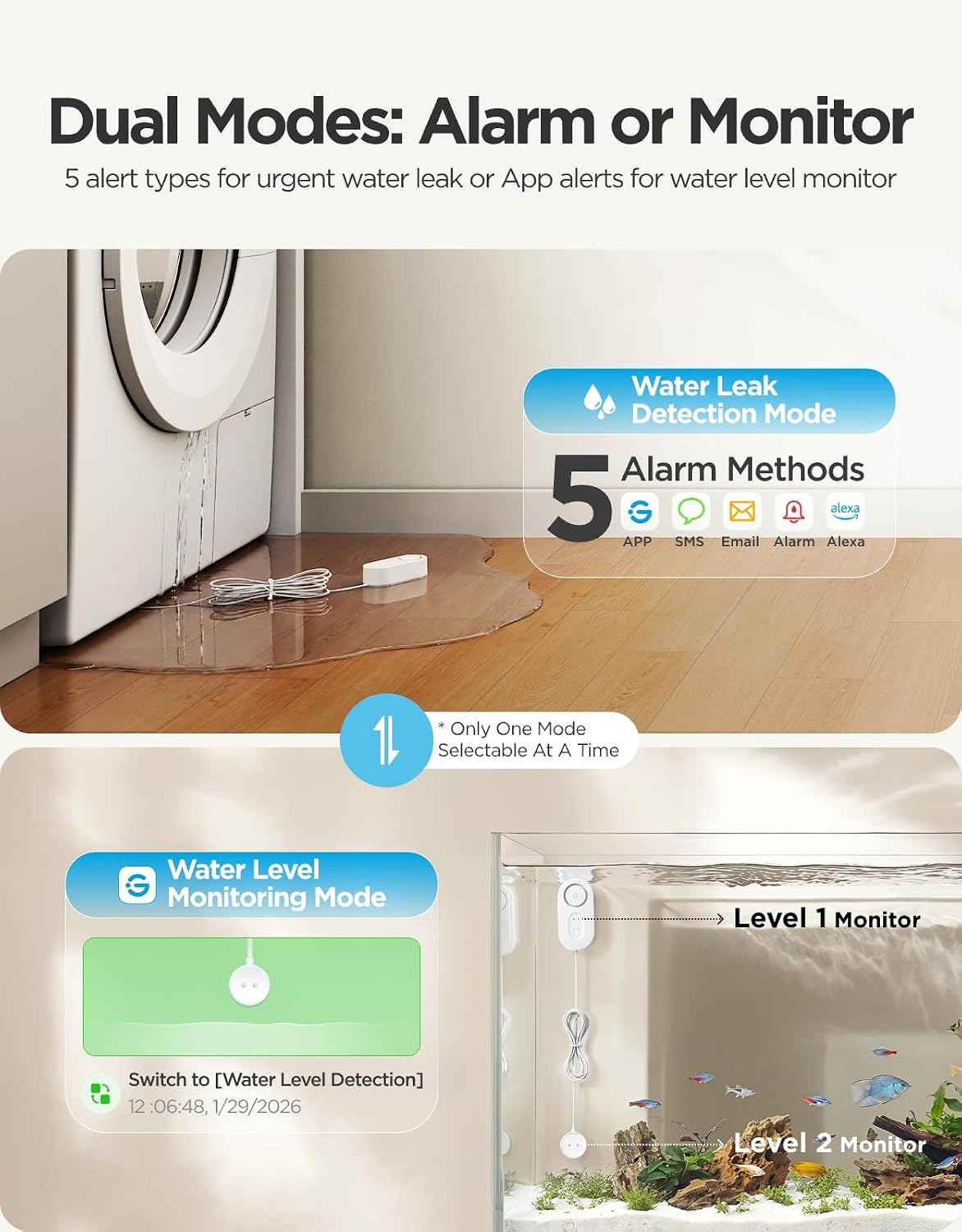 GoveeLife Upgraded Smart Water Leak Detector 1s and with Water Leak Detector 1s Sensor Cable,WiFi Water Sensor with SMS/Email/APP Push and Sound Alarm, 5-Year Battery Life, Suit for Home, Basement