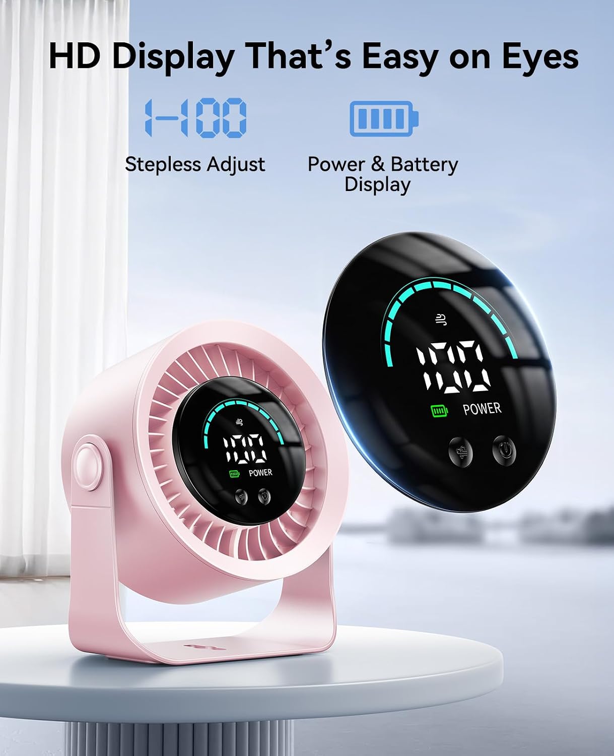 DIGIX Portable Desk Fan, 100 Speeds, 360° Rotation, USB Rechargeable | Quiet LED Display Table Fan with Wall Mount Design. Small Personal Cooling Fans for Home, Bedroom, Office & Travel, Pink