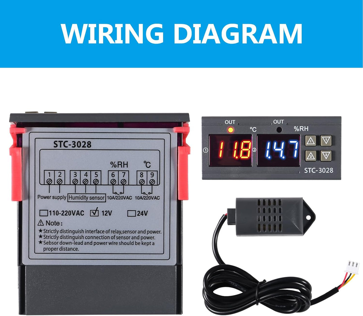 STC-3028 Temperature Controller 12V Temperature and Humidity Controller Meter with Integrated Sensor Dual Digital Display Thermometer Hygrometer Incubator Controller
