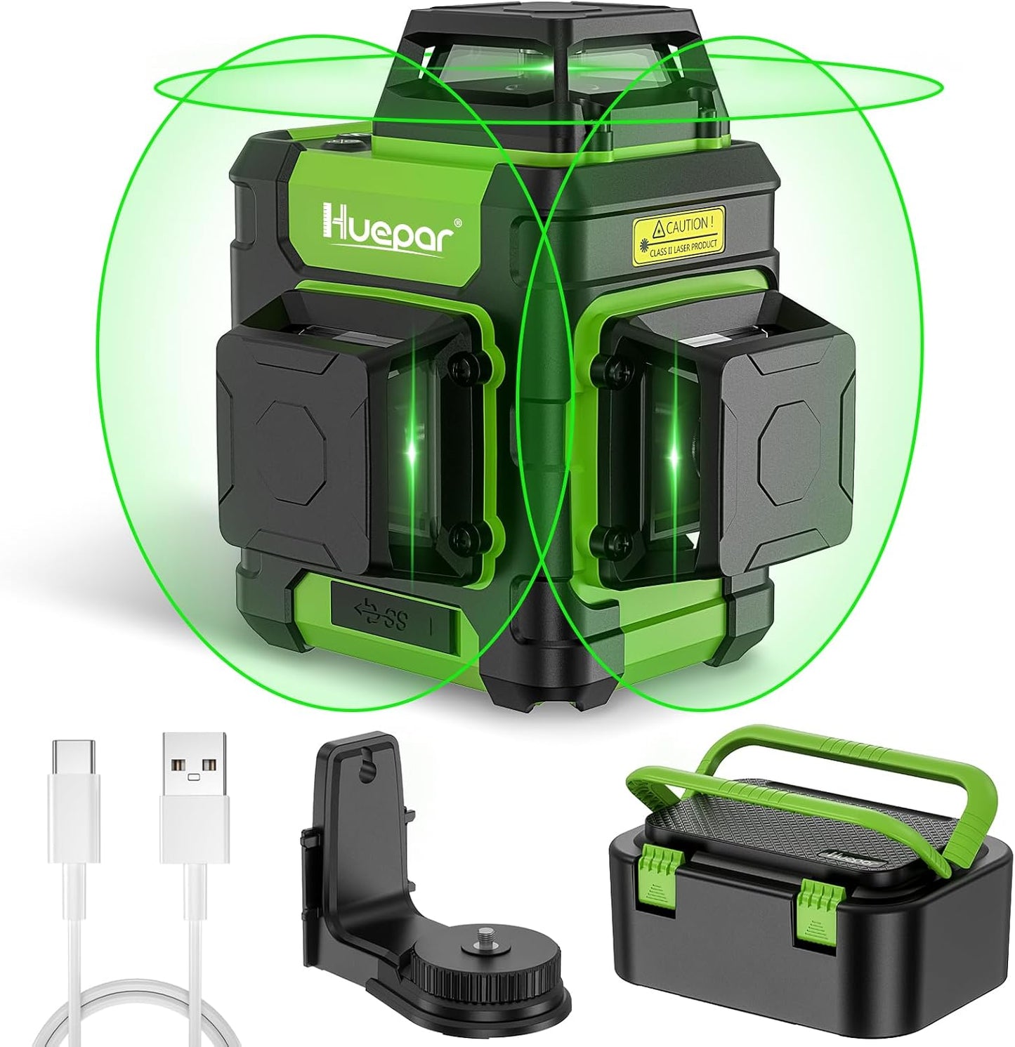 Huepar Laser Level 360 Self Leveling, Rechargeable Green Laser 3x360° Cross Line Lazer Leveler 3D Level Laser Tool for Construction and Picture Hanging, Strong Magnetic Bracket&Hard Carry Case -HM03CG