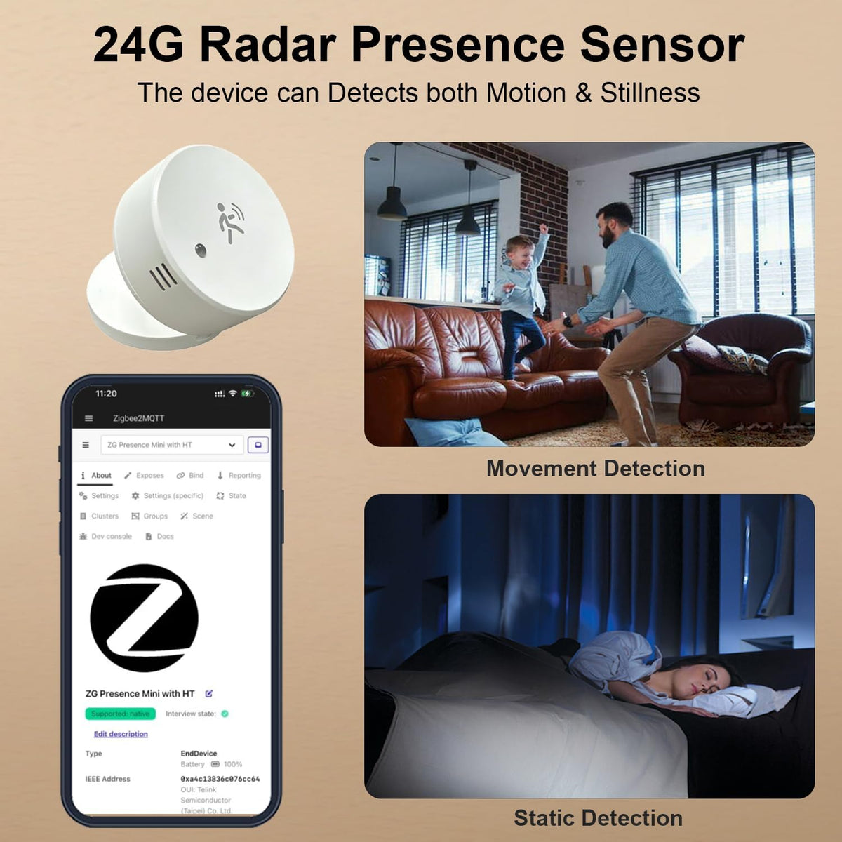 Zigbee Presence Sensor, Built-in Temperature, Humidity and Light Sensor