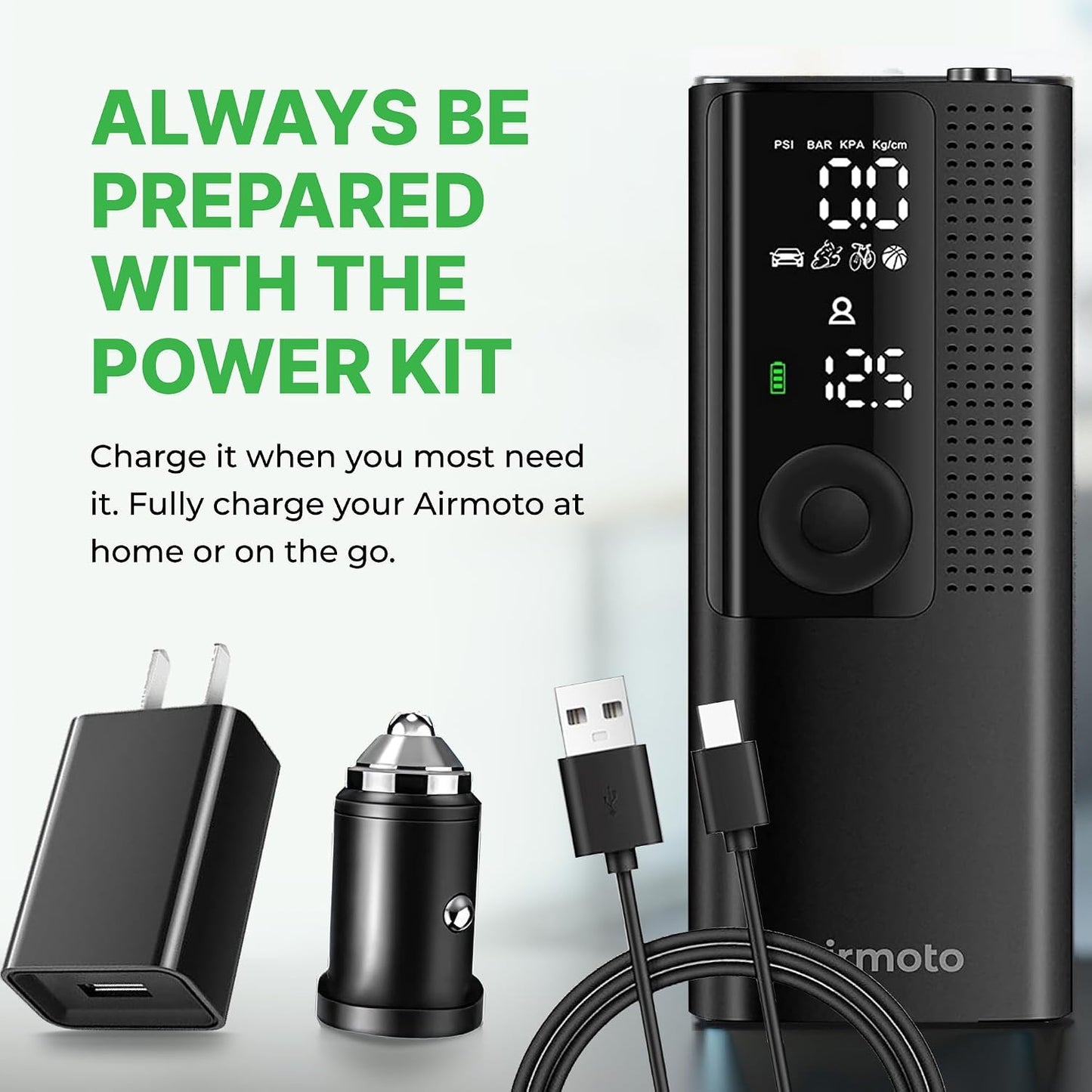 Airmoto Portable Tire Inflator and Car and Home Charger Bundle | Cordless Inflator with Digital Pressure Display, Power Kit Included for Car and Home Charging