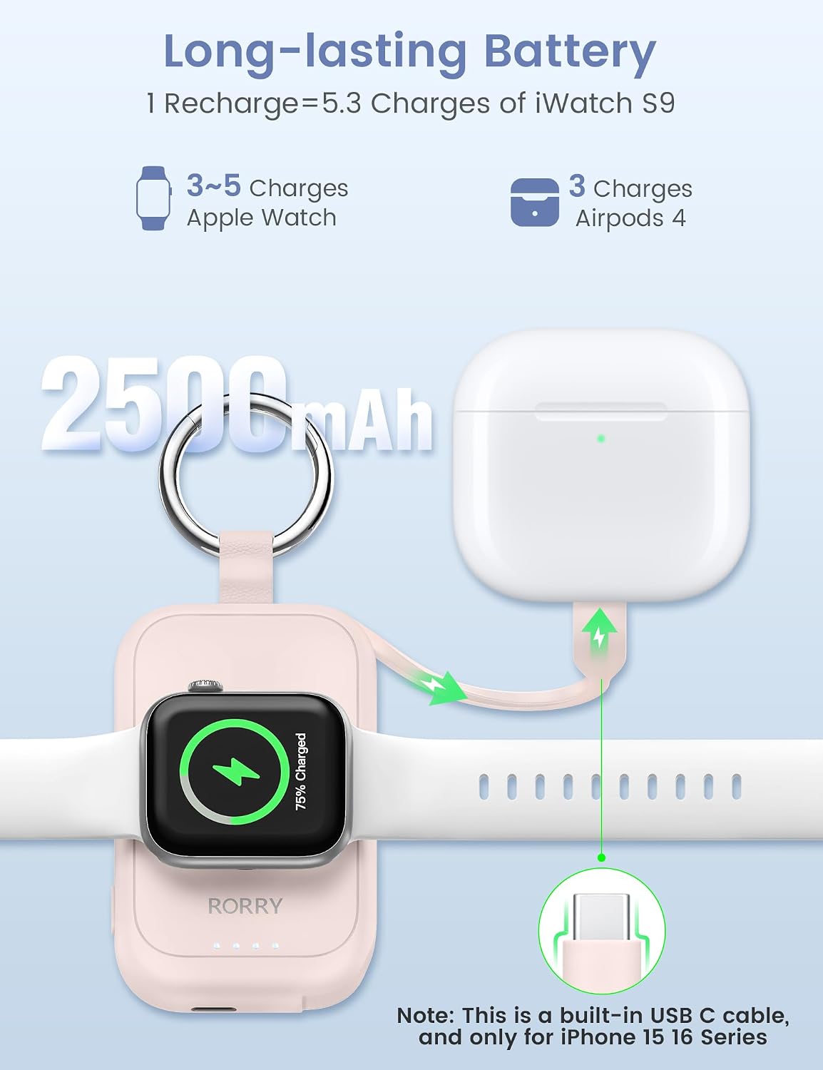 RORRY CharmGo for Apple Watch Charger, 2500mAh Portable Charger for iWatch | Fast Charging Travel Keychain Charger with Built-in USB C Cable for Apple Watch Ultra Ultra Series 11 10 9 8 7 6 3 2