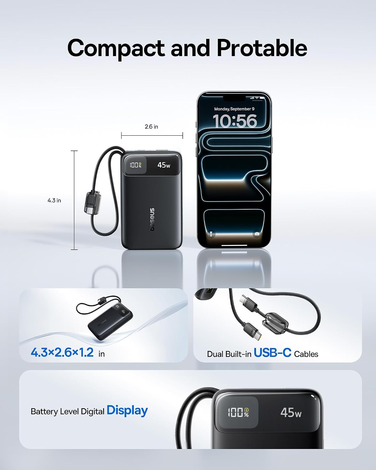 Baseus 20000mAh Compact Portable Charger 45W, CCC Certified Power Bank Built-in USB-C Cables, Travel Essential PD Fast Charging Battery Pack for iPhone 17/16 Series Galaxy S25/S24 Ultra Google iPad