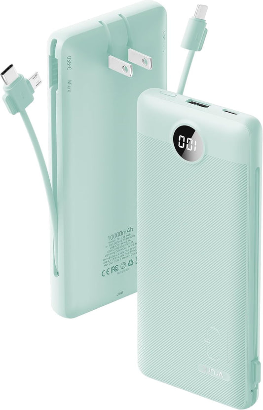 VRURC Portable Charger Built-in Cables and AC Wall Plug, USB C Power Bank 10000mAh, Travel Battery Portable Phone Charger Compact Lightweight External Battery Pack for Smart Phones, Tablets etc-Green