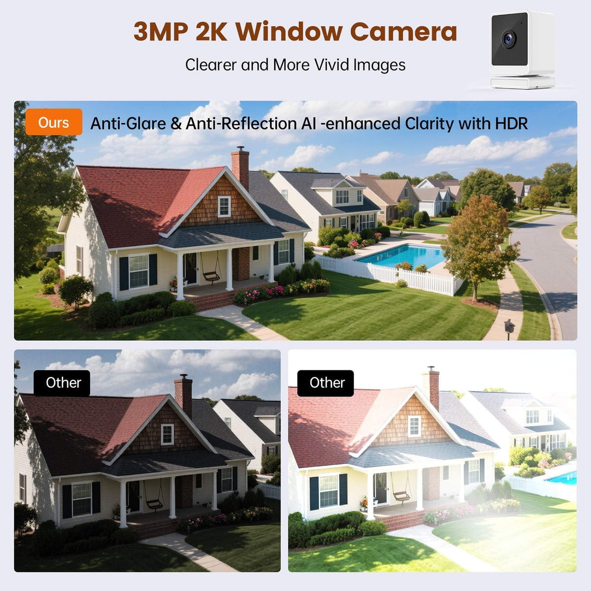 Window Camera, 3MP 2K Indoor Cameras for Home Security with Mounting Sticker,AI Color Night Vision, Person & Motion Detection,Support 2.4GHz & 5GHz WiFi