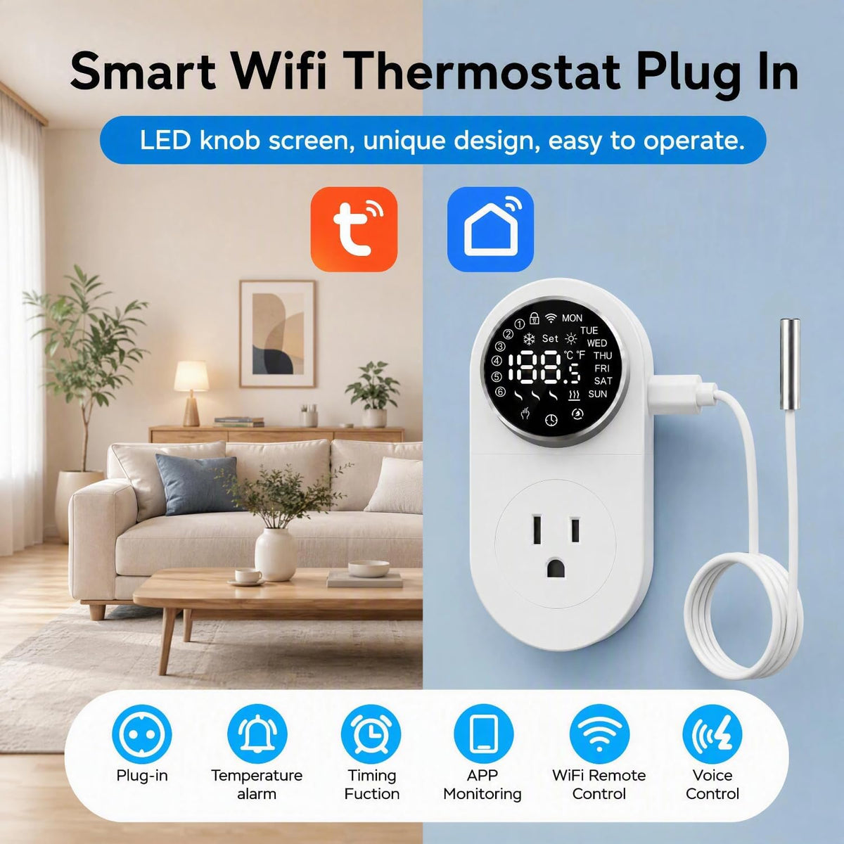 Plug in WiFi Thermostat, Knob Temp Controller with Probe, App Control