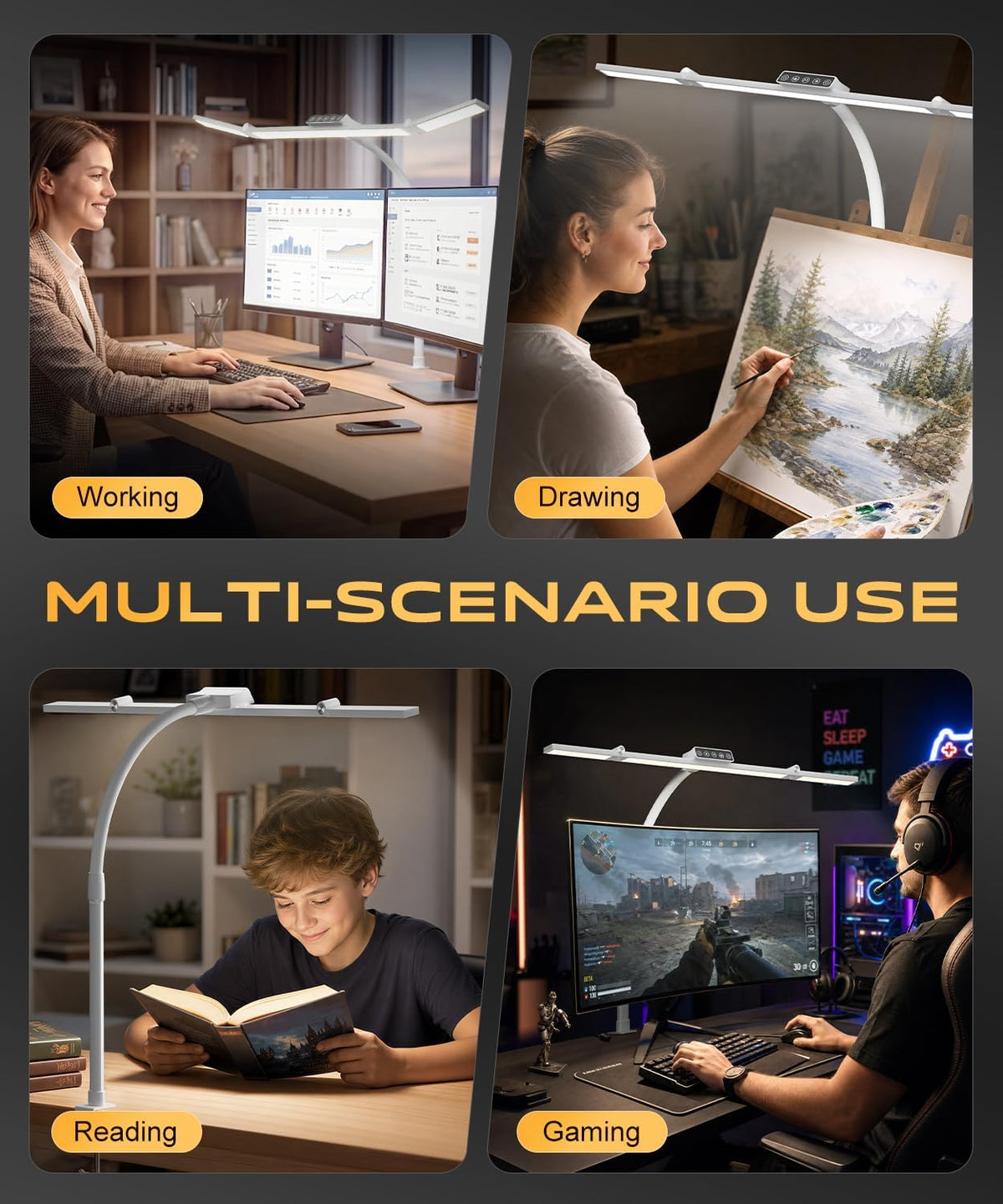 LED Desk Lamps for Home Office, Desk Light with Remote & Touch Control, Stepless Dimming,5CCT,Motion Sensor Auto On/Off, Eye-Caring Desk Lamp with Clamp for Study, Reading,Dual Monitors,White