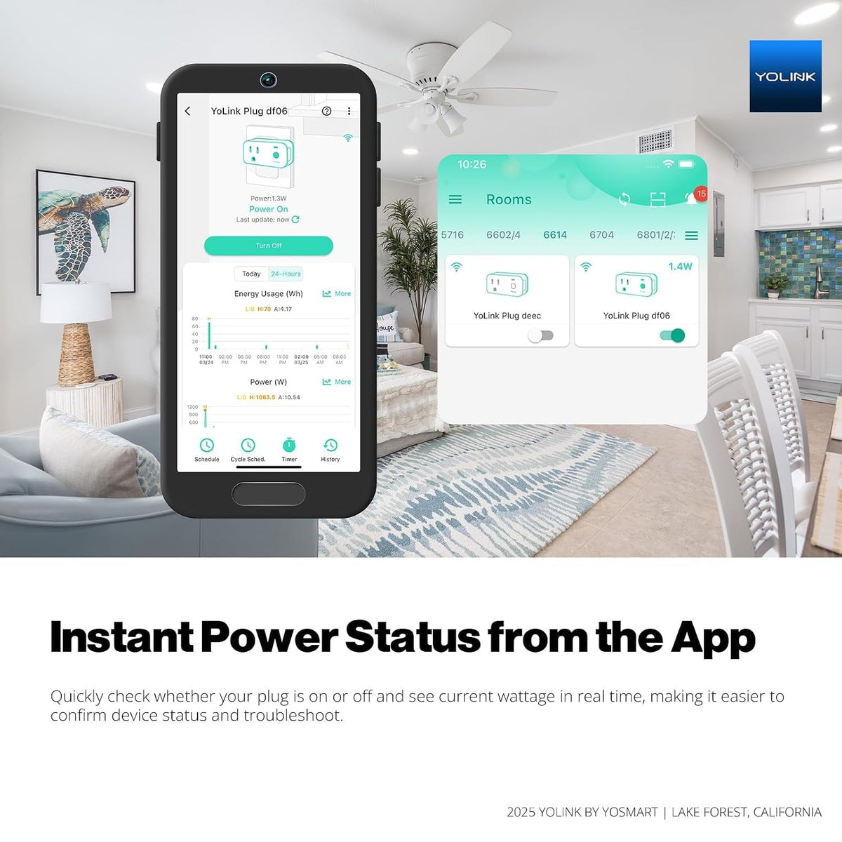 YoLink Smart Energy Plug 15A – 1/4 Mile LoRa Range, High-Power Devices with Cycle Schedule, Real-Time Energy Monitoring, Overload Protection, Alerts, Alexa, Google, IFTTT, HA, Hub Required YS6614