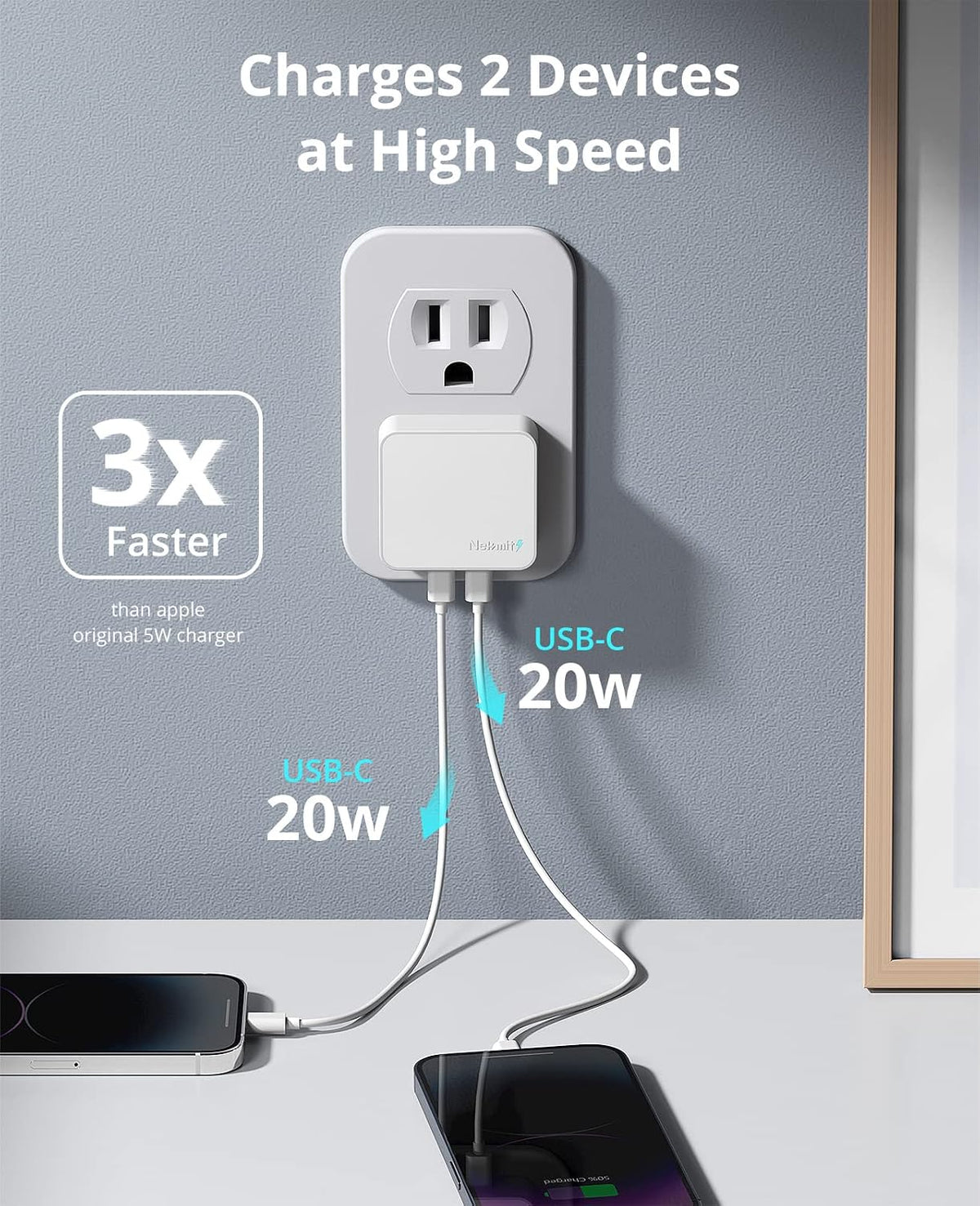 Nekmit Dual Port USB C Wall Charger, 40W PD Fast Charging USB C Wall Plug Adapter, Flat Thin Slim Charger Block for iPhone 17/17 Pro/17 Pro Max, Galaxy, MacBook Air, iPad, AirPods and More
