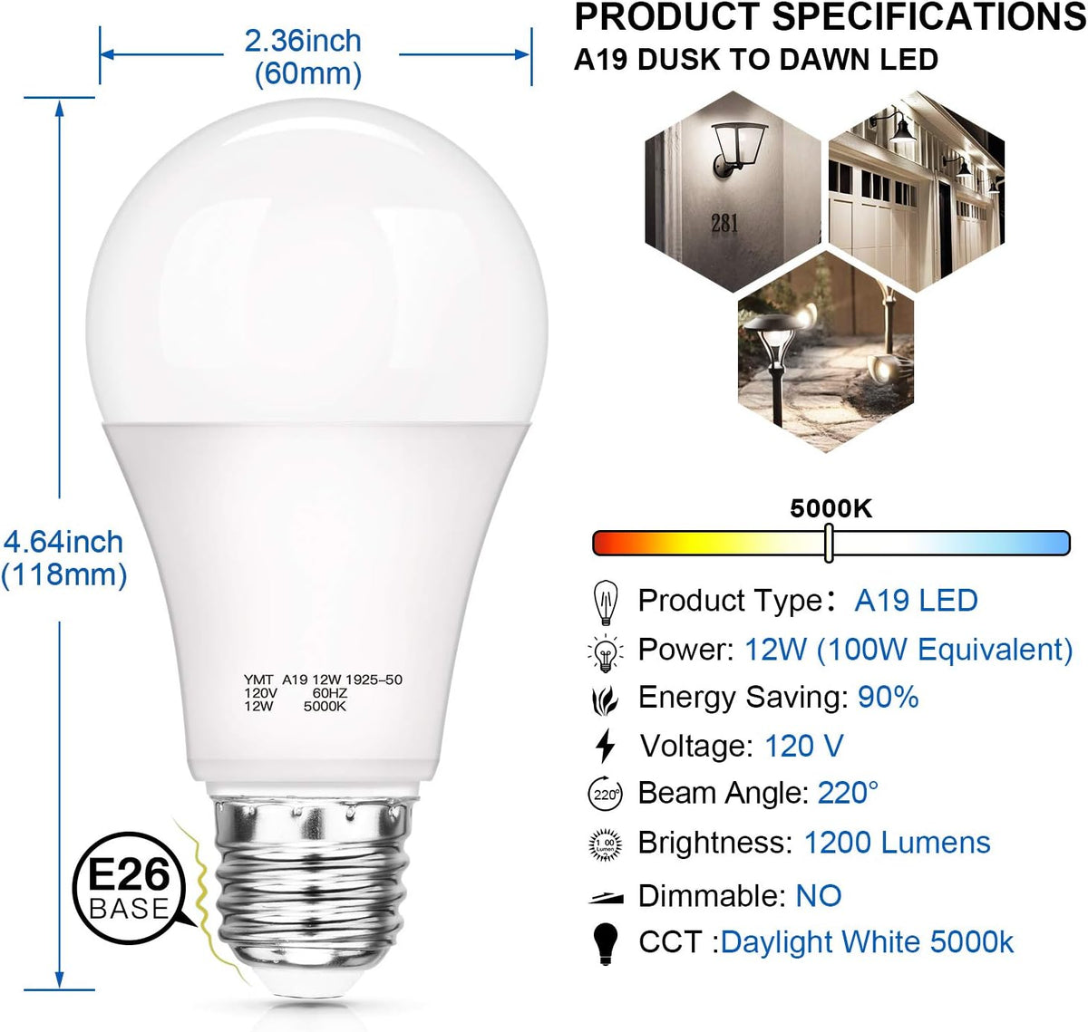 Dusk to Dawn Light Sensor Bulbs, A19 12W(100 Watt Equivalent) LED Bulbs