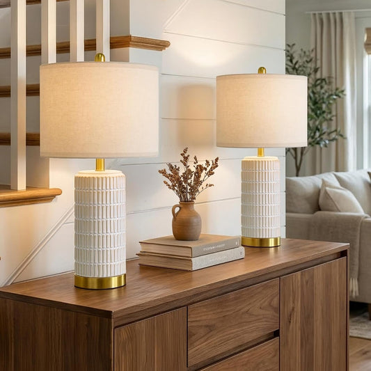 PoKat Ceramic Table Lamps Set of 2 for Bedroom Living Room, 21.5'' White | Bedside Lamps for Nightstands, Compact Size, Modern Design with Gold Base, Farmhouse Home Decor for Living Room End Table