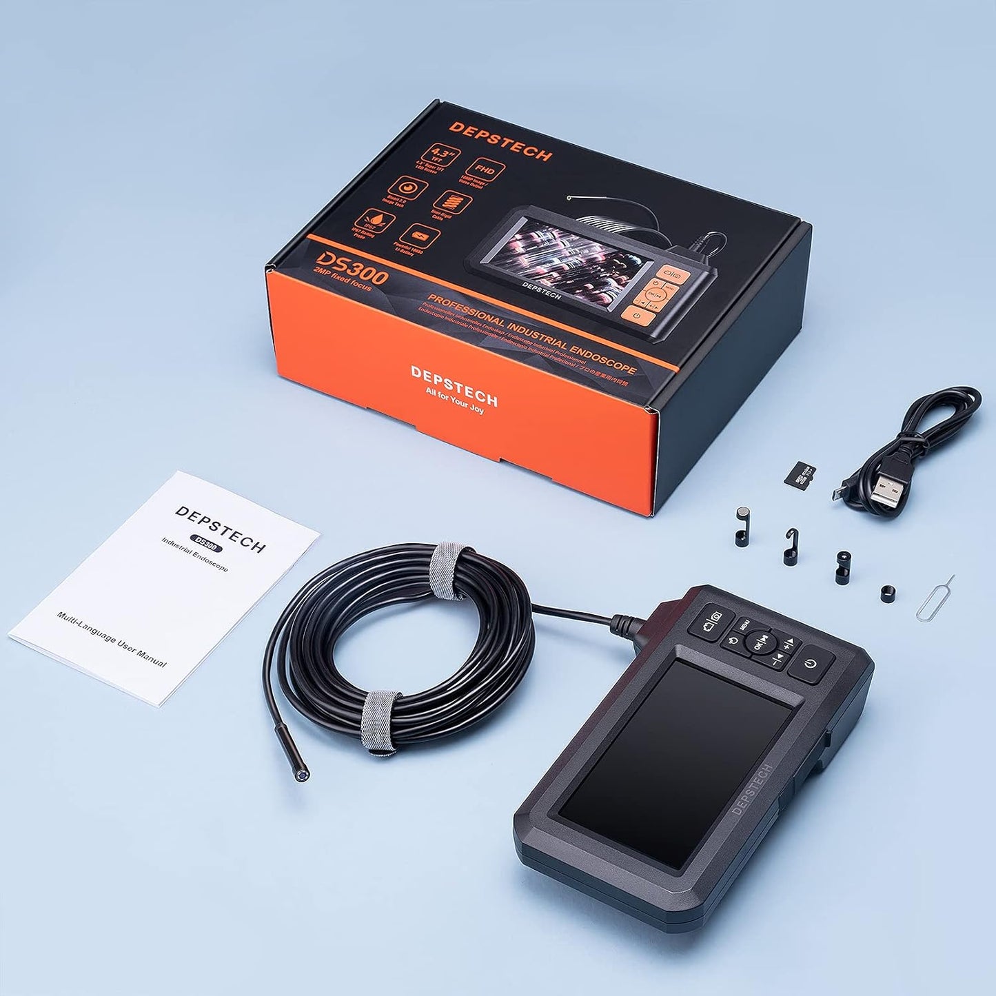 DEPSTECH 5.5mm Industrial Endoscope, 1080P Digital Borescope Inspection Camera with 4.3" Screen, IP67 Waterproof Snake Camera with Lights,16.5FT Semi-Rigid Cable, 32GB Card &Photo Capture,Helpful Tool